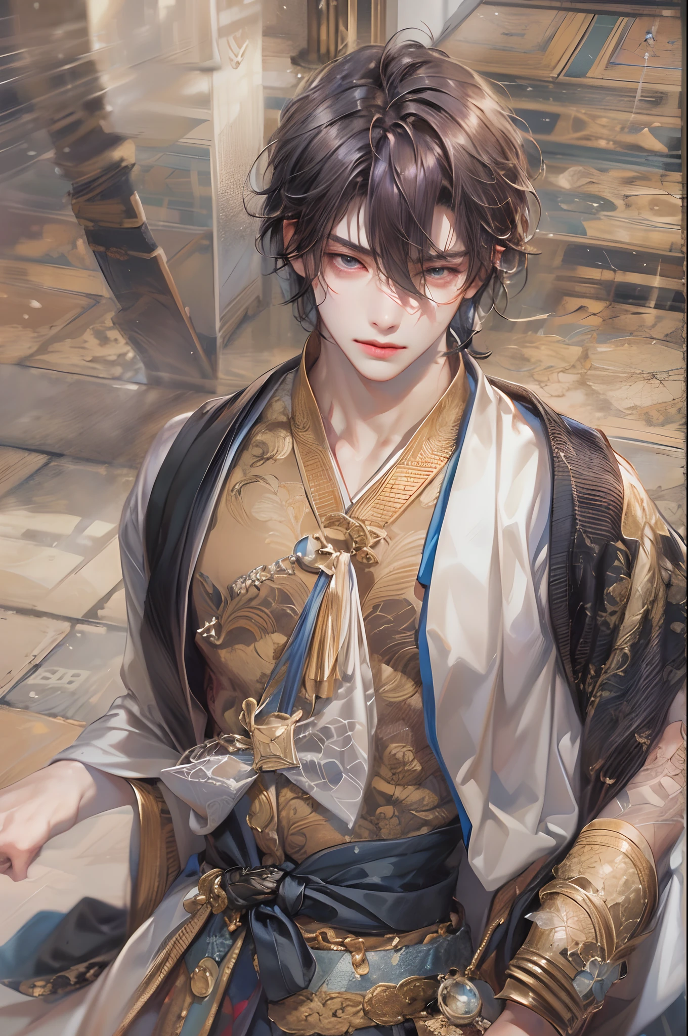 (absurdres, highres, ultra detailed, HDR), masterpiece, best quality, 1 boy , Hakuoki character, short hair, handsome face, anime eyes,detailed interior, detailed character