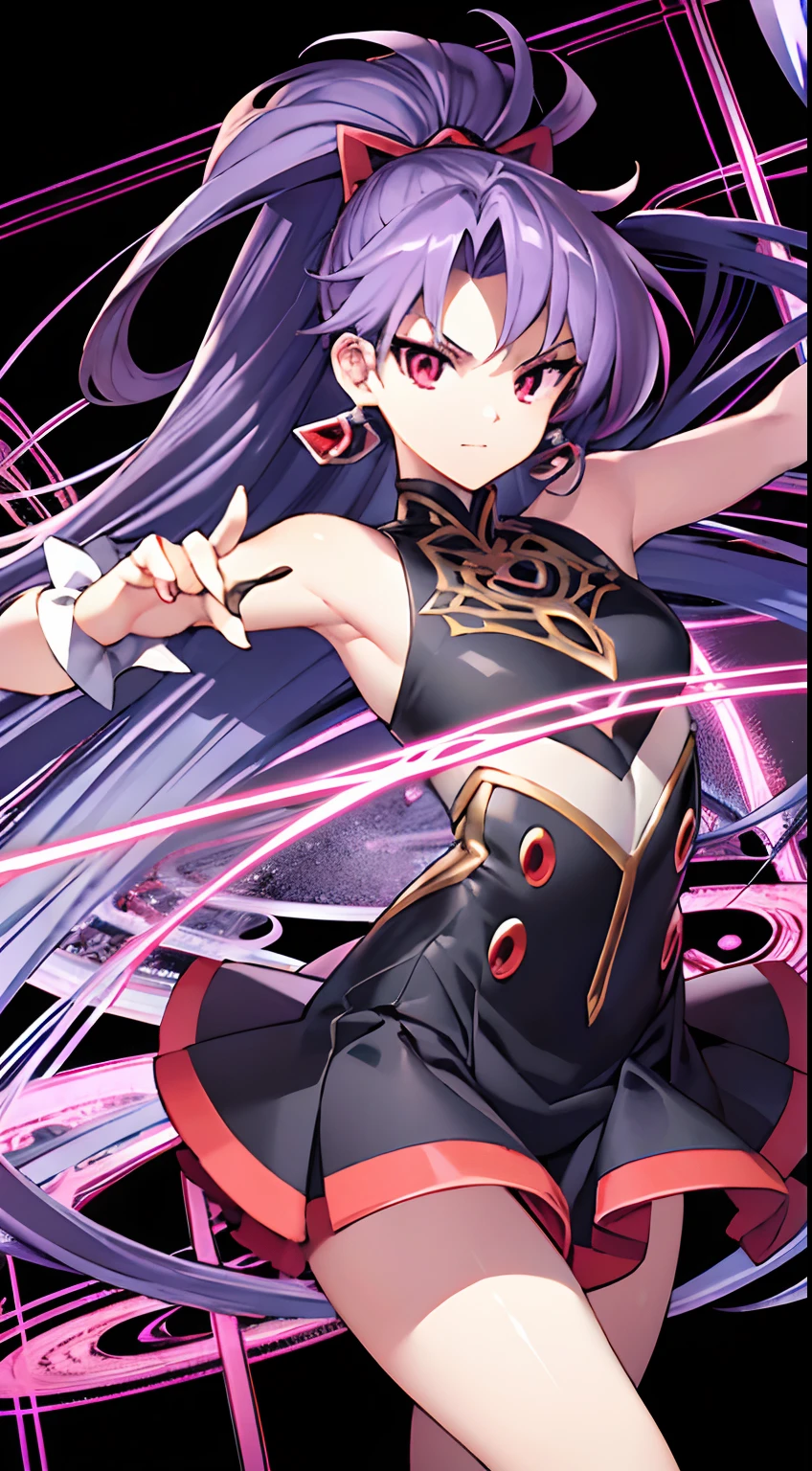 girl dancing, ((best quality)), ((masterpiece)), ( extreme detailed, highest detailed, official art, beautiful and aesthetic:1.2) , beyblade g revolution art style , purple hair , long hair , 3 hair sticking out , red eyes , glowing eyes , smirking expression , black background , black and grey clothes , cool gir,  GREY DRESS , himedere ,