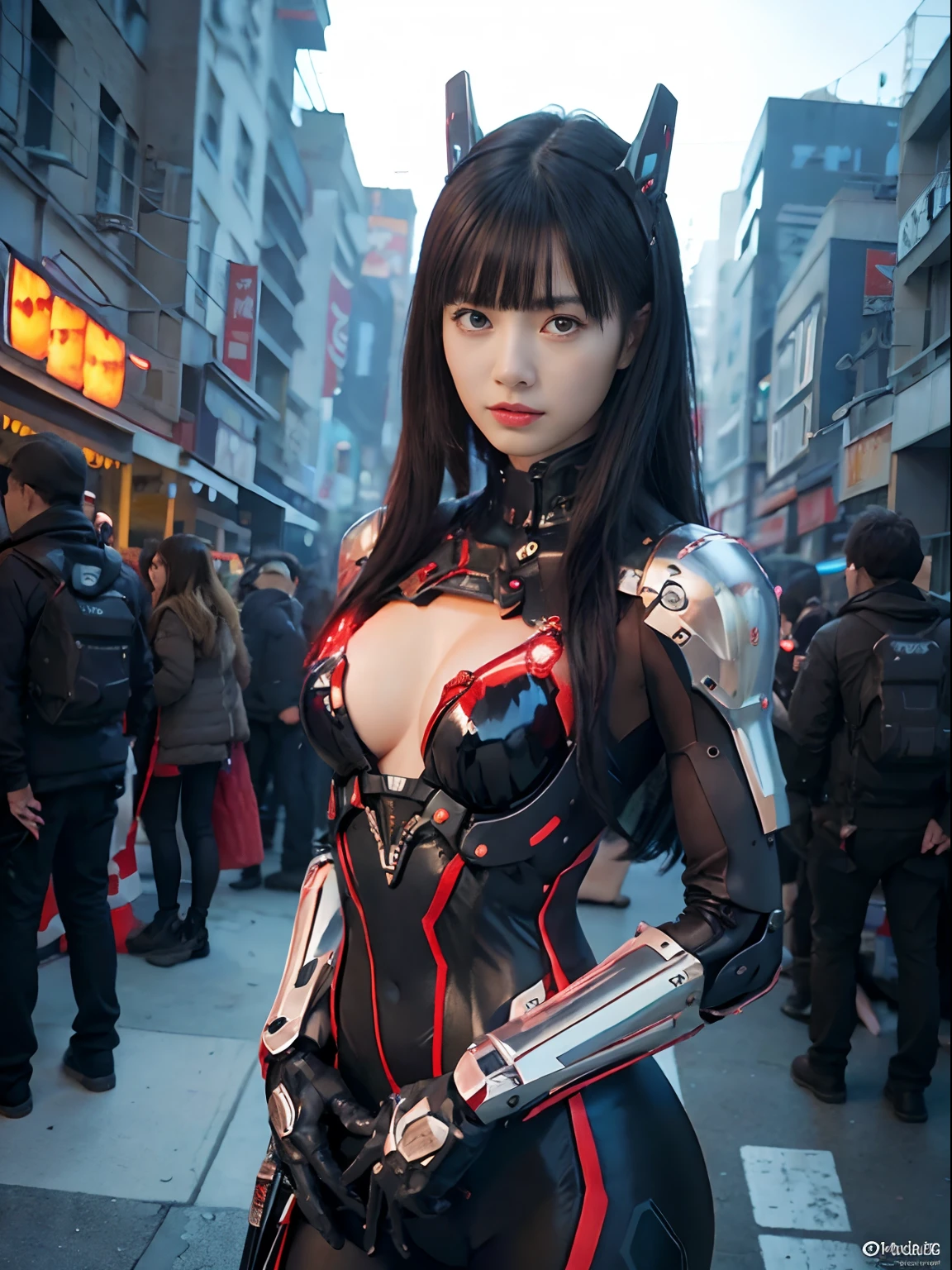 (Fight against mechanical robot soldiers)、top-quality、masterpiece、超A high resolution、(sexypose),(Wearing a futuristic sun visor)、(Photorealsitic:1.4)、Raw photo、1人、Black hair、glowy skin、((1 Mechanical Girl))、((super realistic details))、portlate、(Small LED lamp)、Wire tubes that glow all over the body、(With state-of-the-art weapons),globalillumination、Shadow、octan render、8K、Armpit、ultrasharp、Colossal tits、Small LED lamp、Raw skin is exposed in cleavage、metals、blood vessels connected to tubes、With weapons、Red bodysuit、Armpit、Cyberpunk city background、Details of complex ornaments、Japan details、highly intricate detail、Realistic light、CGSoation Trends、Blue eyes、radiant eyes、Facing the camera、neon details、(Helmet of the Brave)、Mechanical limbs、blood vessels connected to tubes、Mechanical vertebrae attached to the back、mechanical cervical attaching to neck、Wires and cables connecting to the head、Gundam、Small LED lamp、Toostock、Toostock、