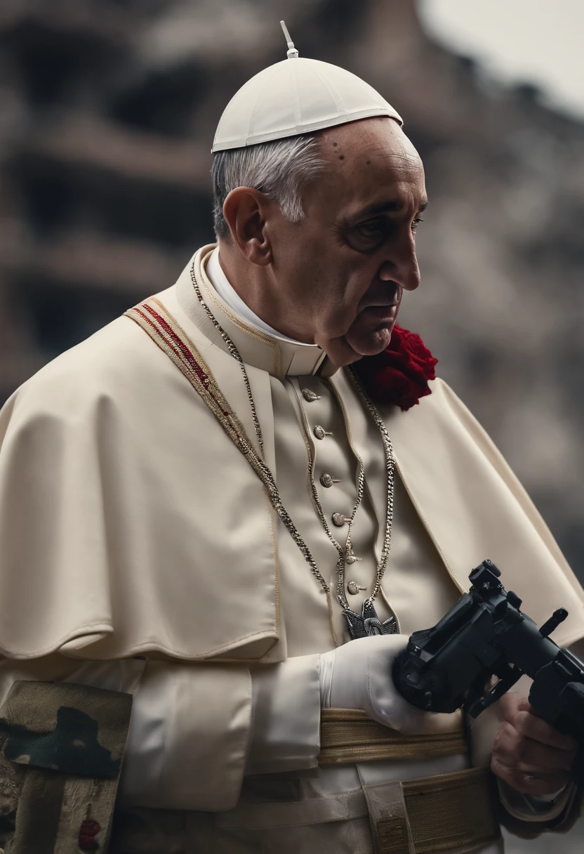 Papa Francisco,Front head,wearing a U.S. Army suite holding an HK 47, e granada, buildings Destroyed desvasted city, drone atack