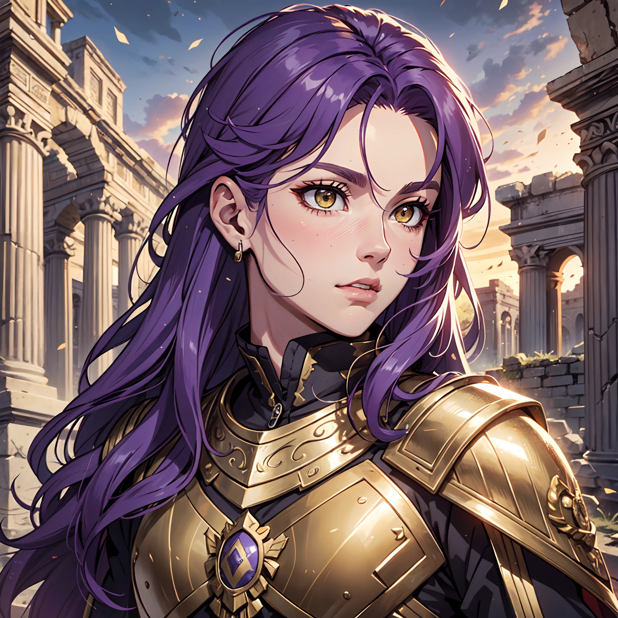 Ultra High Definition,
Ultra High Quality,
Hyper Definition,
Hyper Quality,
Hyper Detailed,
Extremely Detailed,
Perfectly Detailed,
8k,
1 Boy,
Long Purple Hair,
Under Cut Hairstyle,
Solid Yellow Eyes,
Handsome,
Armored With Roman Emperor Armor,
Ancient Roman Empire Ruins Background,