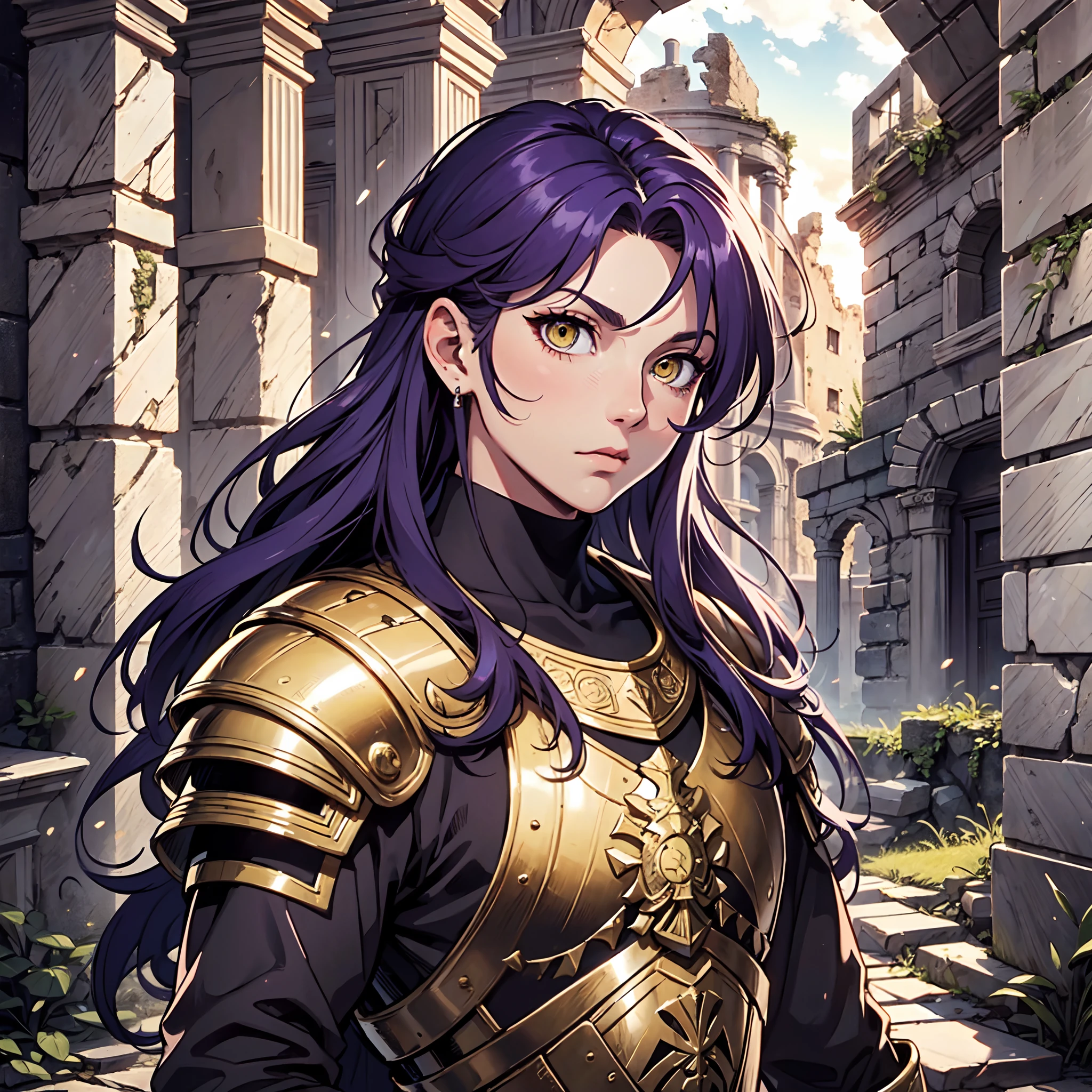 Ultra High Definition,
Ultra High Quality,
Hyper Definition,
Hyper Quality,
Hyper Detailed,
Extremely Detailed,
Perfectly Detailed,
8k,
1 Boy,
Long Purple Hair,
Under Cut Hairstyle,
Solid Yellow Eyes,
Handsome,
Armored With Roman Emperor Armor,
Ancient Roman Empire Ruins Background,
