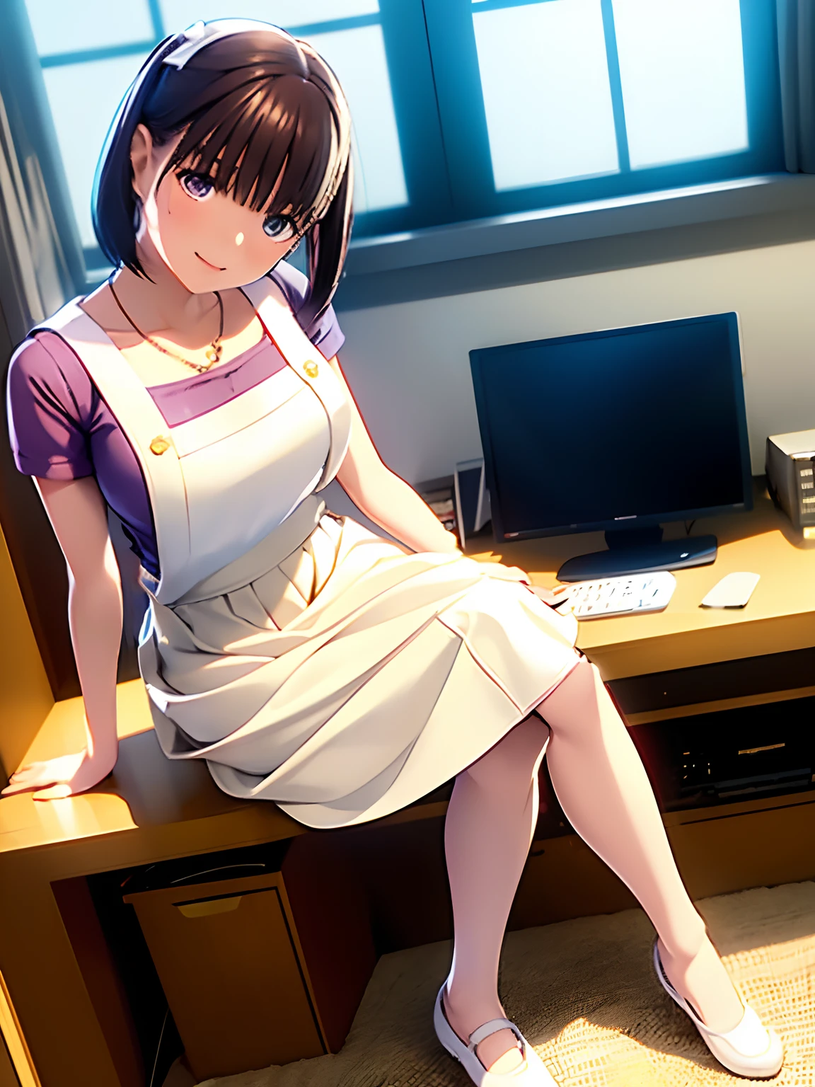 hight resolution,in 8K,Best Quality,detaileds,semi - realistic anime,Anime 3D Style,Smooth Anime CG,1 girl in,20 year old woman in Japan,slim,modeled,shiny chestnut hair,Medium Hair,Detailed face,Beautiful and detailed eyes,Glowing skin,((Beige Cut and Sew)),((White skirt)),(Flared Long Skirt:1.2),(pinafore:1.2),a necklace,(Daytime),in a house,Shot in front of the window,Blurry background,(Full body shot:1.2)