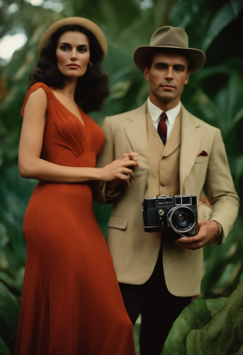 man holding camera and woman wearing, in the style of george stefanescu, exotic atmosphere, photo taken with provia, realistic photo, strong diagonals --ar 4:3