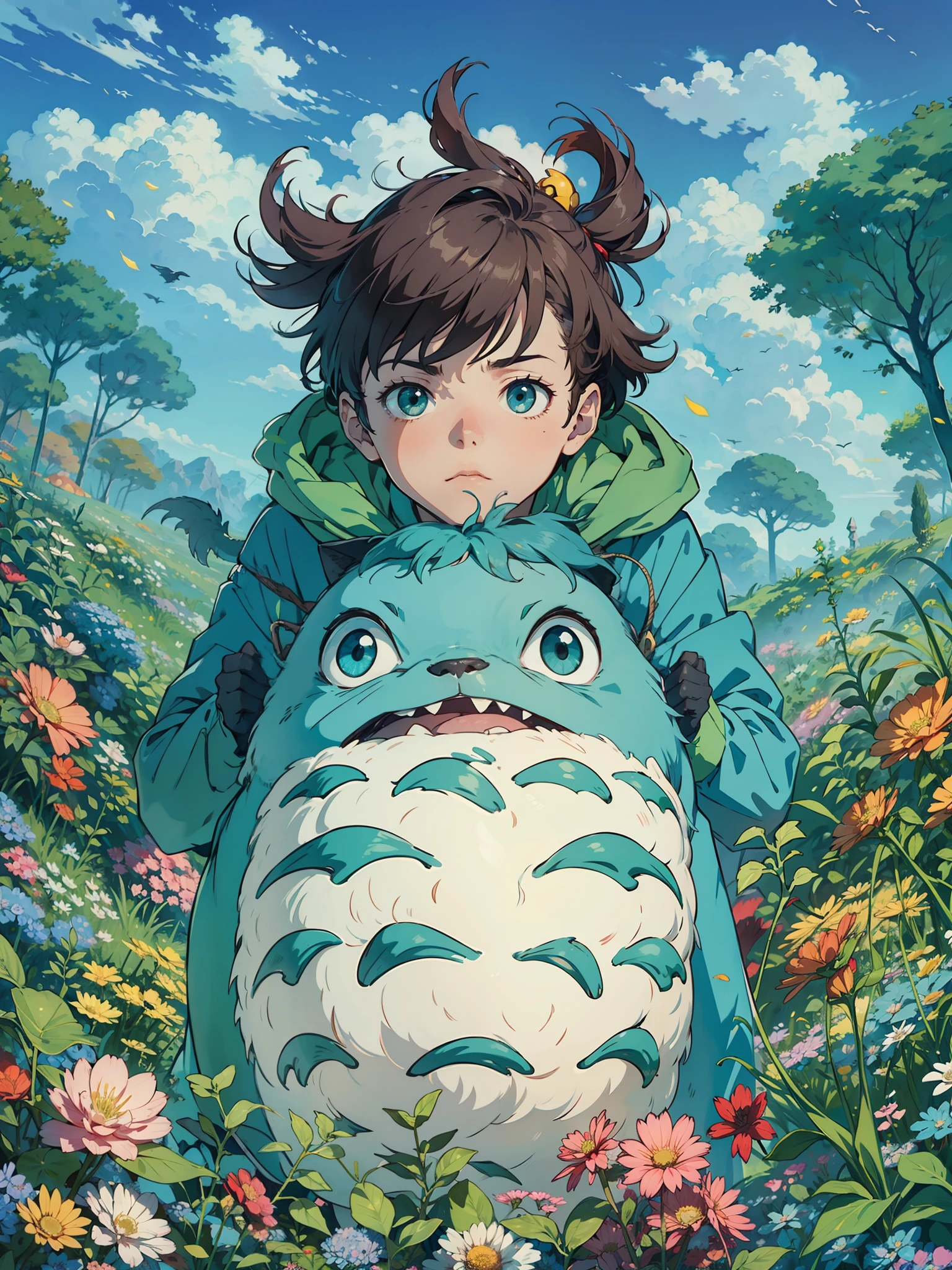 hombre con miedo contra criatura peluda, sobre prado verde lleno de flores azules tetrico, el cielo muy nublado, Real anime costume design, Viaje de Chihiro, Totoro. detallado, colorido, dragon blanco volando fuego.