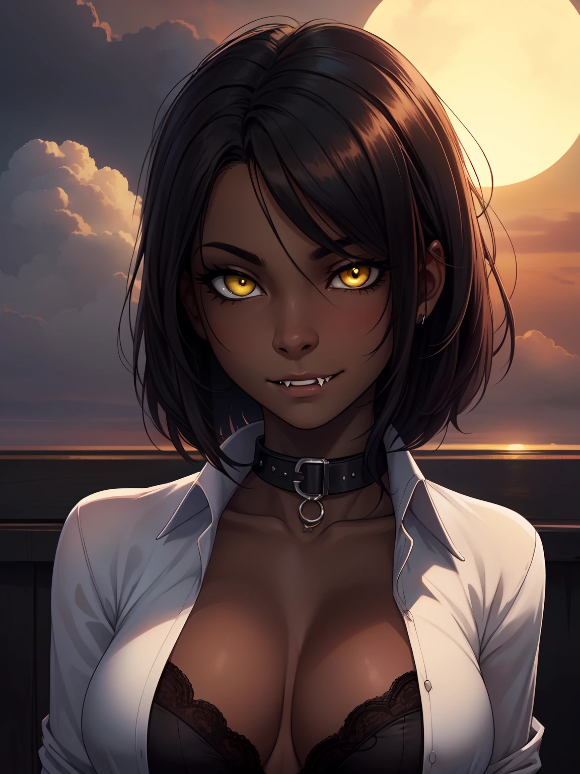 1 girl, (dark skin:1.2), shy, cute, cold expression, (8k, RAW photo, best quality, masterpiece:1.2), (realistic, photorealistic:1.2) (ultra-detailed, Super detailed:1.2), vivid colors, studio lighting, portrait, Yellow coloured eyes, blank eyes, Night clouds background, Aesthetic, romantic, Luna, Vampire, wearing goth collar, black hair, unbuttoned shirt revealing her chest, smirking revealing her tiny fangs