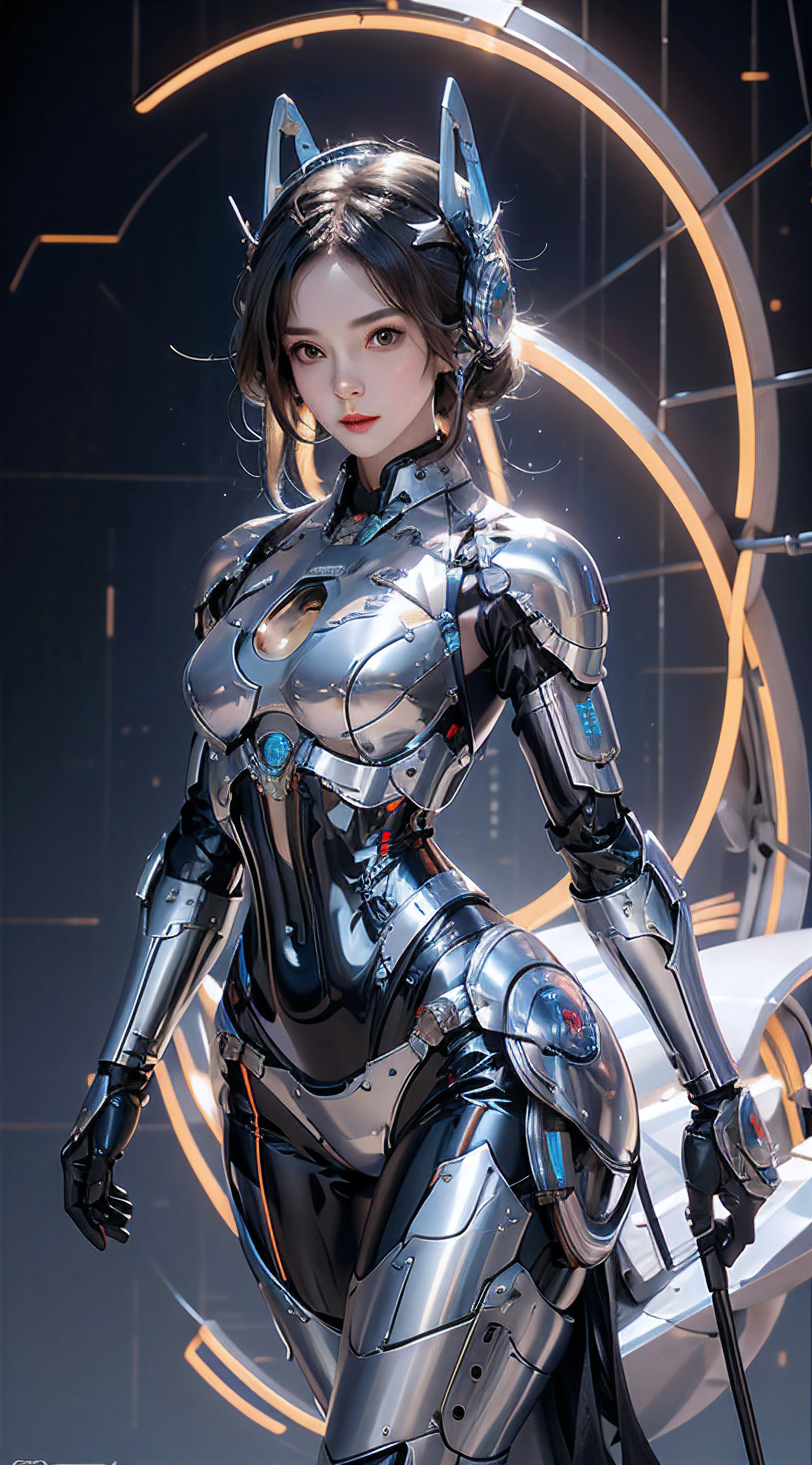 photorealistic, high resolution, 1women, mature female, solo, hips up, robot, mecha musume,mechanical parts, robot joints,single mechanical arm, headgear, mechanical halo,star halo,intricate mechanical bodysuit, mecha corset, full armor, white mecha body