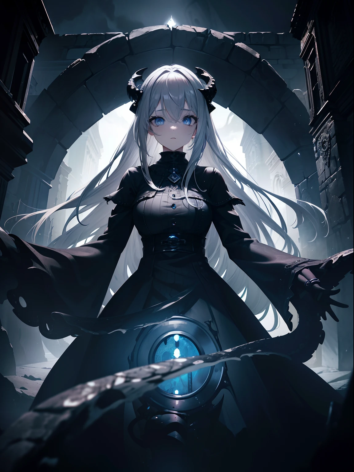 (Masterpiece, Best quality, ultra high resolution),1girl,grey hair,hair over eye,gothic dress, beautiful and detailed face, detailed eyes,in ancient black stone ruin,(with a giant portal in the background, tentacles coming out of the portal, dark blue portal),(grey and blue theme)