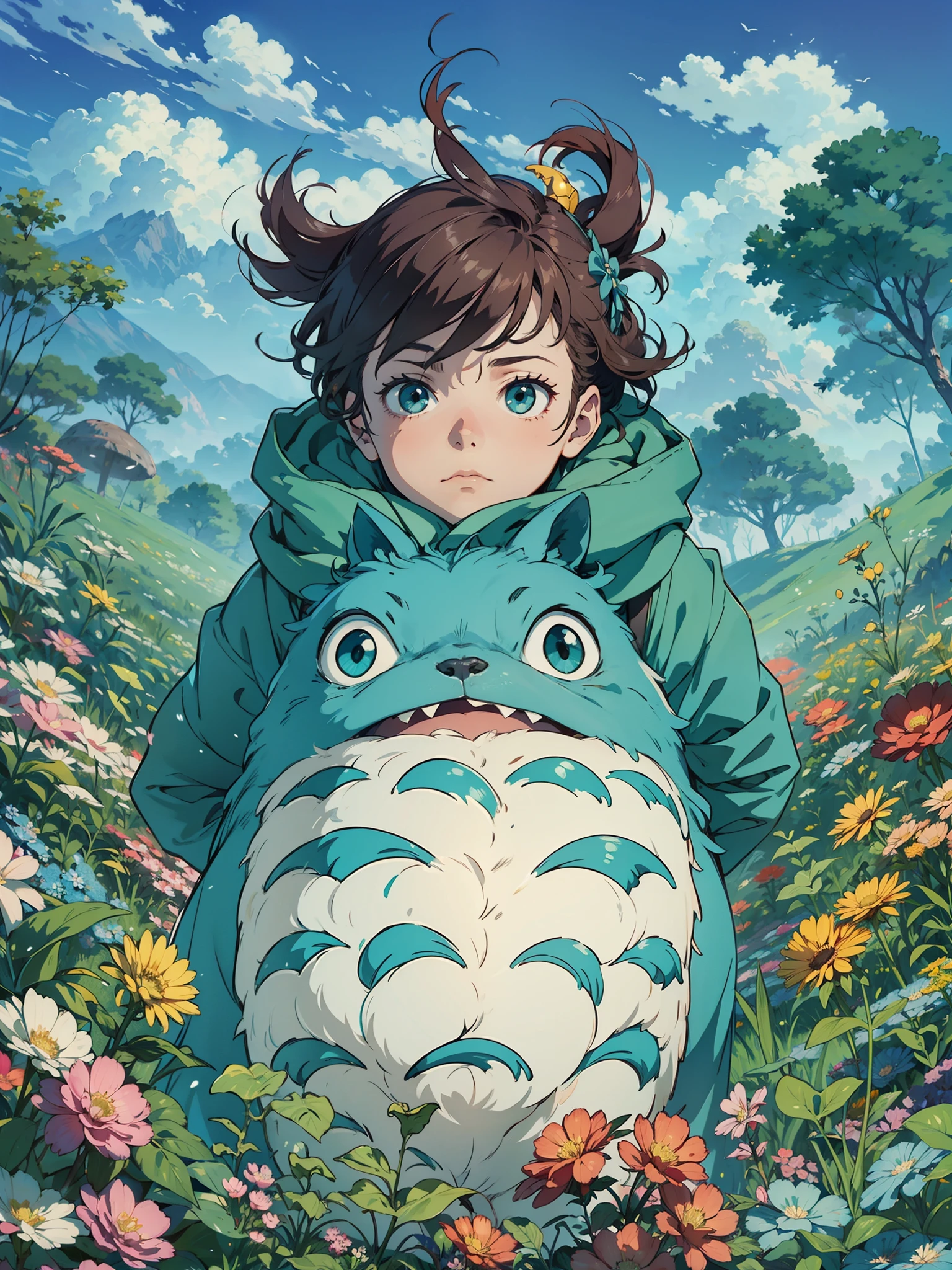 hombre con miedo contra criatura peluda, sobre prado verde lleno de flores azules tetrico, el cielo muy nublado, Real anime costume design, Viaje de Chihiro, Totoro. detallado, colorido, dragon blanco volando fuego.