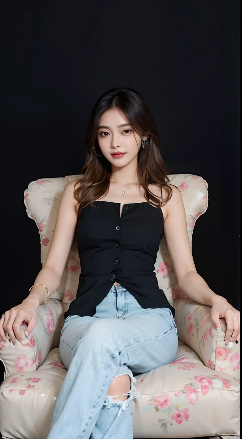 arafed woman sitting in a chair with a black top and jeans, 2 4 year old female model, sitting on chair, photo of slim girl model, nivanh chanthara, photo of slim girl, ruan jia beautiful!, inspired by Ni Yuanlu, gorgeous young korean woman, 1 8 yo, casual pose, 2 2 years old, Best picture quality, masterpiece, ultra high resolution, 8k, cleavage, big boobs, bust detail, hair detail, eye detail, sharp eyes, thin smile, professional lighting