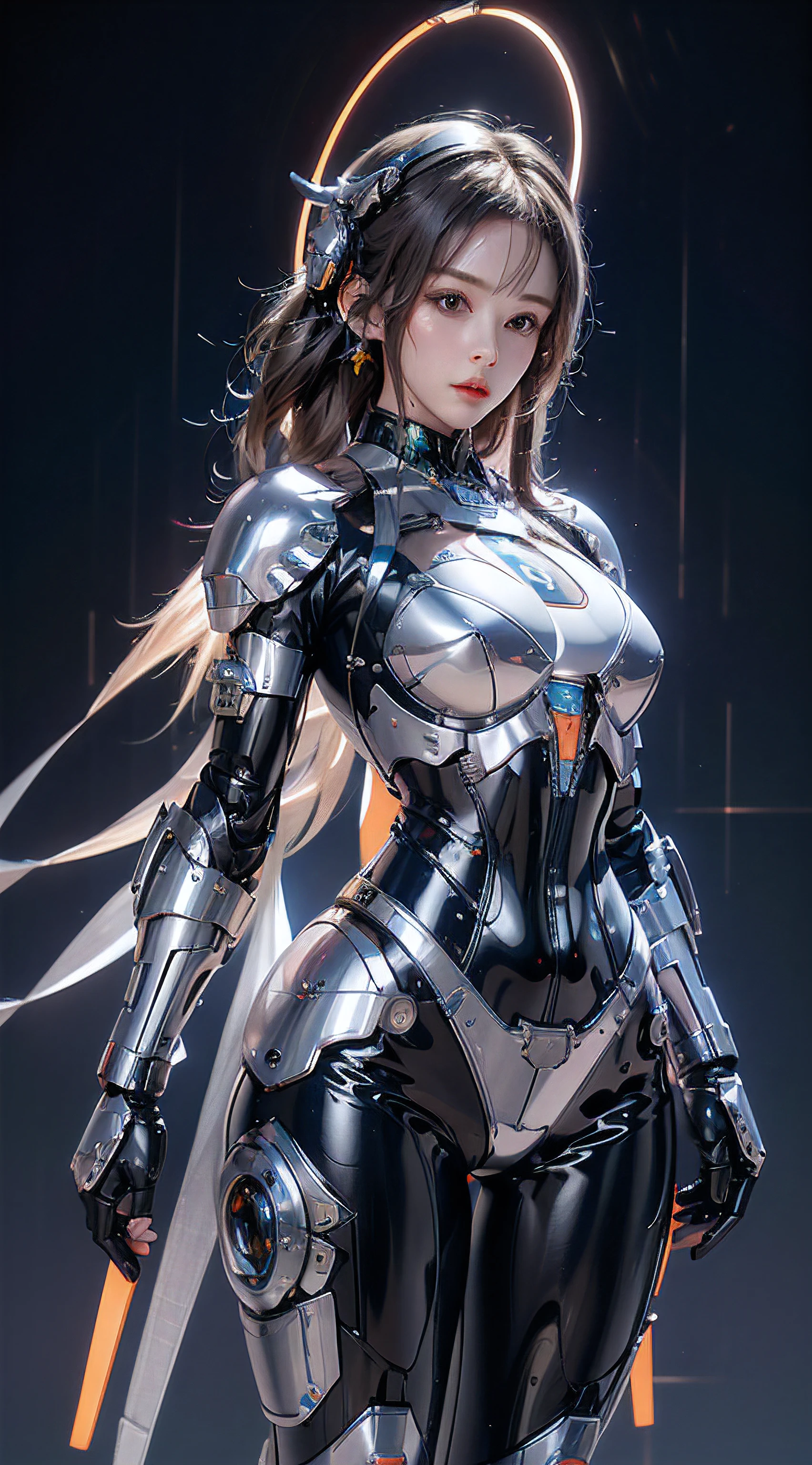 photorealistic, high resolution, 1women, mature female, solo, hips up, robot, mecha musume,mechanical parts, robot joints,single mechanical arm, headgear, mechanical halo,star halo,intricate mechanical bodysuit, mecha corset, full armor, white mecha body