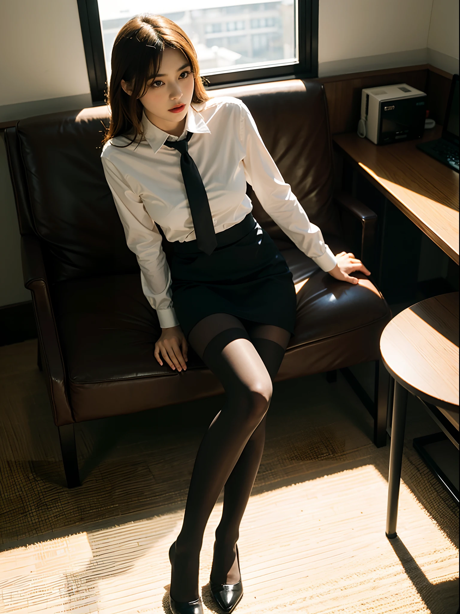 1girl,young girl, shiny skin,medium breasts,nice leg line:1.3, thin waist,school uniform, thighhighs,necktie,((pencil skirt)),looking at viewer,from below,( pantyhose:1.3),(The golden ratio figure),(Office, sit in a chair:1.3),Close range
masterpiece, best quality, best perspective, ultra-detailed and intricate, extremely delicate and beautiful, best quality light, (ray tracing:1.1), anti-aliasing,
realistic,photorealistic,award-winning illustration,(intricate details:1.2),(delicate detailed) (intricate details),(cinematic light,best quality Backlights),clear line,sharp focus,official art,unity 8k wallpaper,absurdres,incredibly absurdres,huge filesize,ultra-detailed,highres,extremely detailed extremely delicate and beautiful,RAW photo, professional lighting,dynamic lighting,light on the face,depthoffield,solofocus,