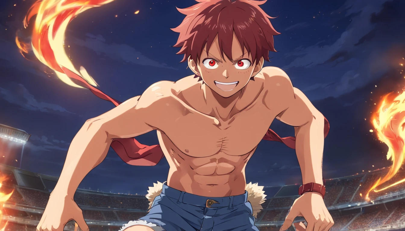 "《One Piece》Luffy wears Manchester United No. 5 Maguire Shirt, also wear straw hat, standing in a stadium, Facing the camera, Raise a hand,Smiling, best quality, intricate details, masterpiece, 1boy, man, masculine, gear fifth, monkey d. luffy, 1boy, curly, gear fifth, wanostyle, anime screencap, monkey d. luffy, 1boy, abs, alternate form, arms behind head, burn scar, smile, teeth, curly eyebrows, thick eyebrows, fiery hair, fur trim, looking at viewer, male focus, medium hair, night, open clothes, open shirt, outdoors, pectorals, scar on cheek, scar on chest, scar on face, shorts, solo, steam, sanpaku, stomach, toned, toned male, white hair, red eyes, ((masterpiece))