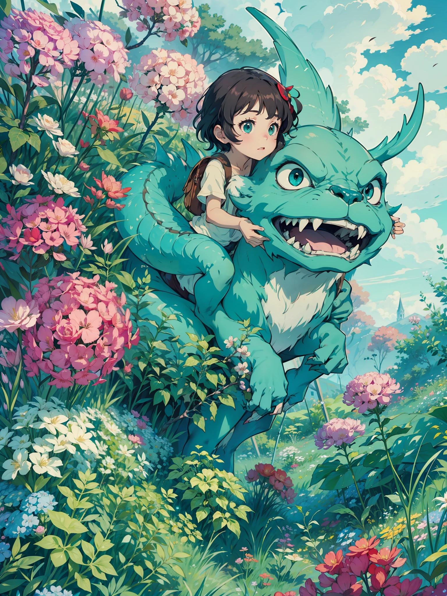 hombre con miedo contra criatura peluda, sobre prado verde lleno de flores azules tetrico, el cielo muy nublado, Real anime costume design, Viaje de Chihiro, Totoro. detallado, colorido, dragon blanco volando fuego.