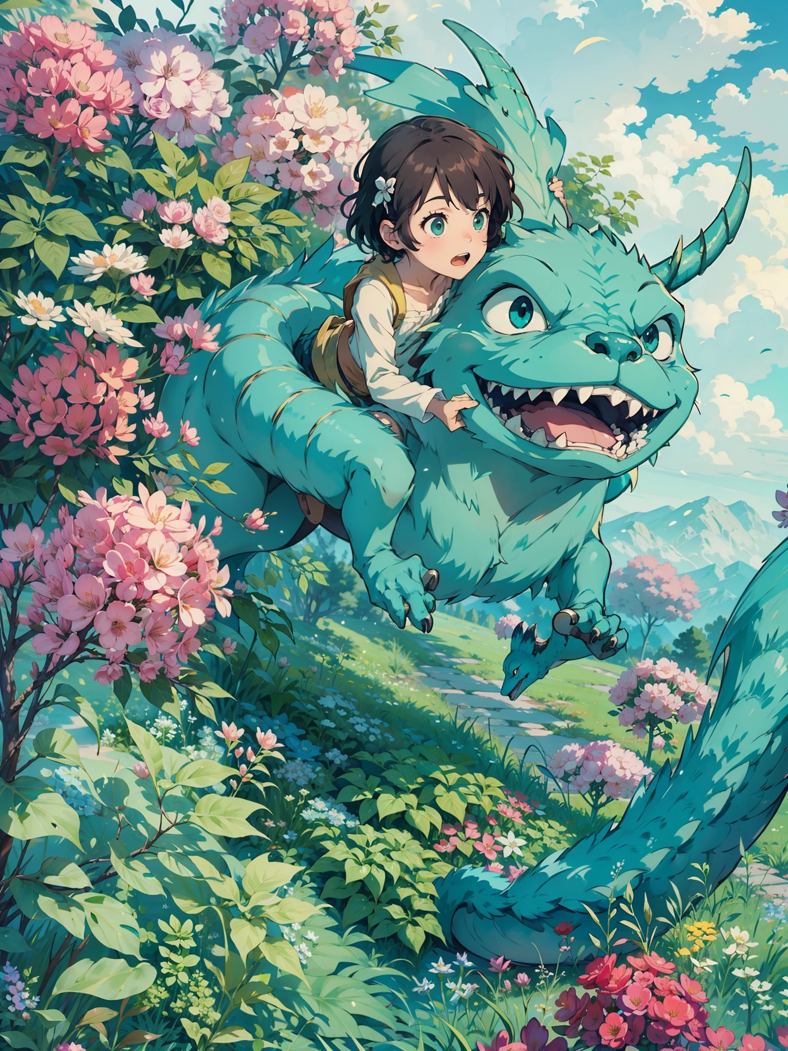 hombre con miedo contra criatura peluda, sobre prado verde lleno de flores azules tetrico, el cielo muy nublado, Real anime costume design, Viaje de Chihiro, Totoro. detallado, colorido, dragon blanco volando fuego.