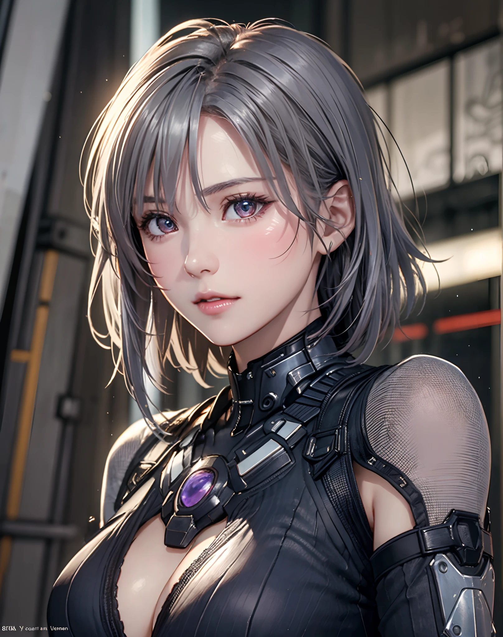 (8K, Photorealistic, Raw photo, of the highest quality: 1.3), (1girl in), Super beautiful, (Realistic face), (boyish, Silver Color Berry Shorthair), Beautiful cyberpunk suit, Glare that captivates the viewer, Beautiful expression, Beautiful breasts, (Realistic skin), Beautiful...