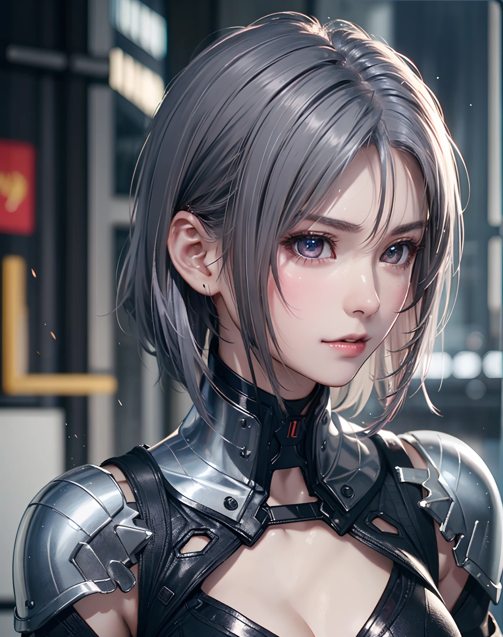 (8K, Photorealistic, Raw photo, of the highest quality: 1.3), (1girl in), Super beautiful, (Realistic face), (boyish, Silver Color Berry Shorthair), Beautiful cyberpunk suit, Glare that captivates the viewer, Beautiful expression, Beautiful breasts, (Realistic skin), Beautiful...