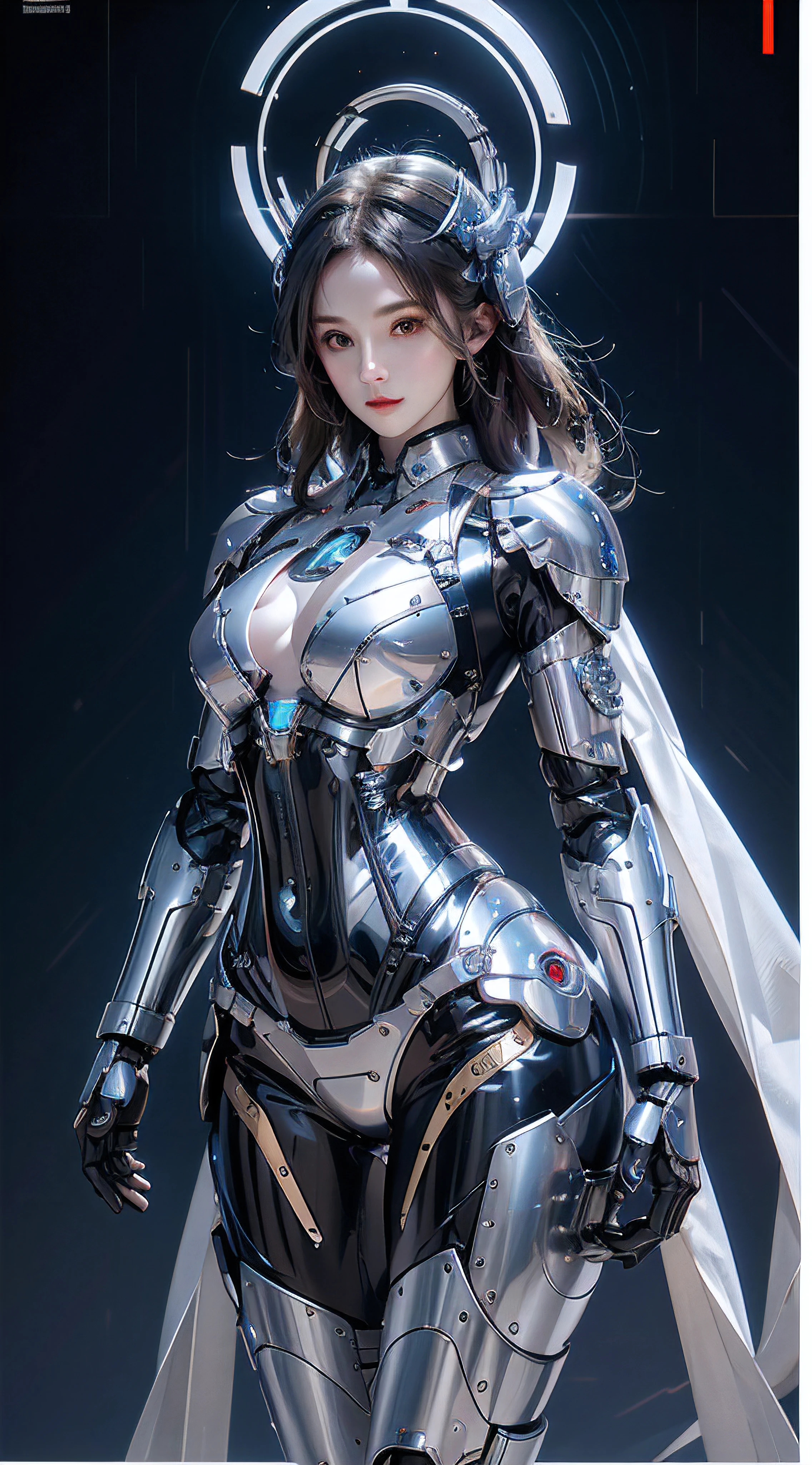 photorealistic, high resolution, 1women, mature female, solo, hips up, robot, mecha musume,mechanical parts, robot joints,single mechanical arm, headgear, mechanical halo,star halo,intricate mechanical bodysuit, mecha corset, full armor, white mecha body