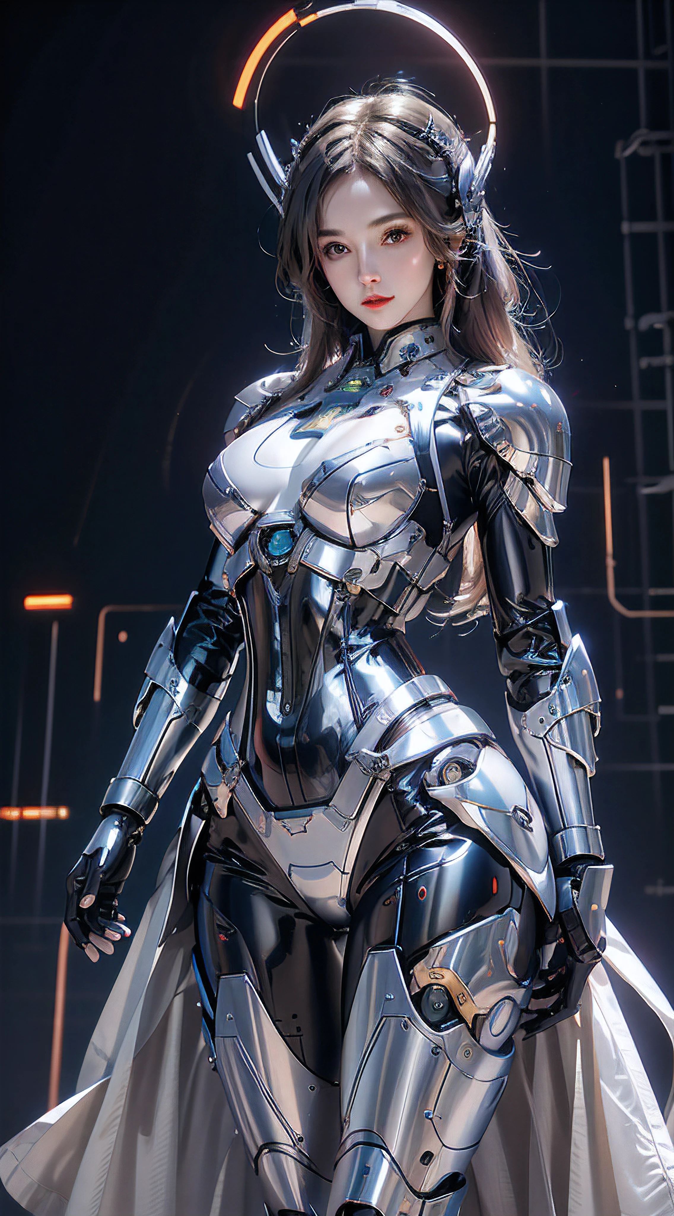 photorealistic, high resolution, 1women, mature female, solo, hips up, robot, mecha musume,mechanical parts, robot joints,single mechanical arm, headgear, mechanical halo,star halo,intricate mechanical bodysuit, mecha corset, full armor, white mecha body