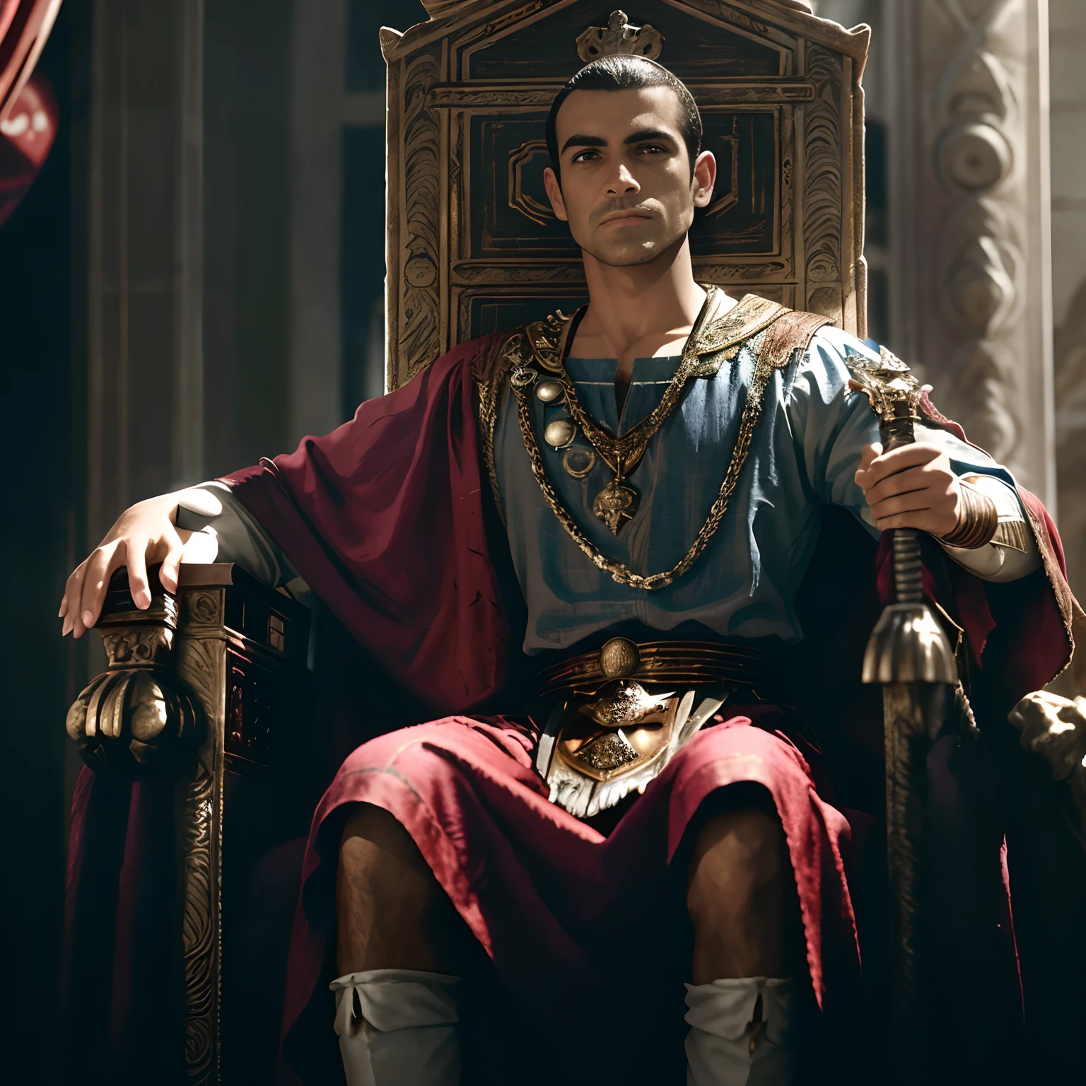 Homem arafed em um manto vermelho e azul sentado em um trono, Imperador Romano, vestidos com roupas romanas, Homem de Roma Antiga, sentado em seu trono, Retrato de um velho rei medieval, descansando em seu trono, sentado no trono, maximus jacobs, sentou-se em seu trono, Retrato do velho rei medieval, sentado em um trono, Retrato de um Rei