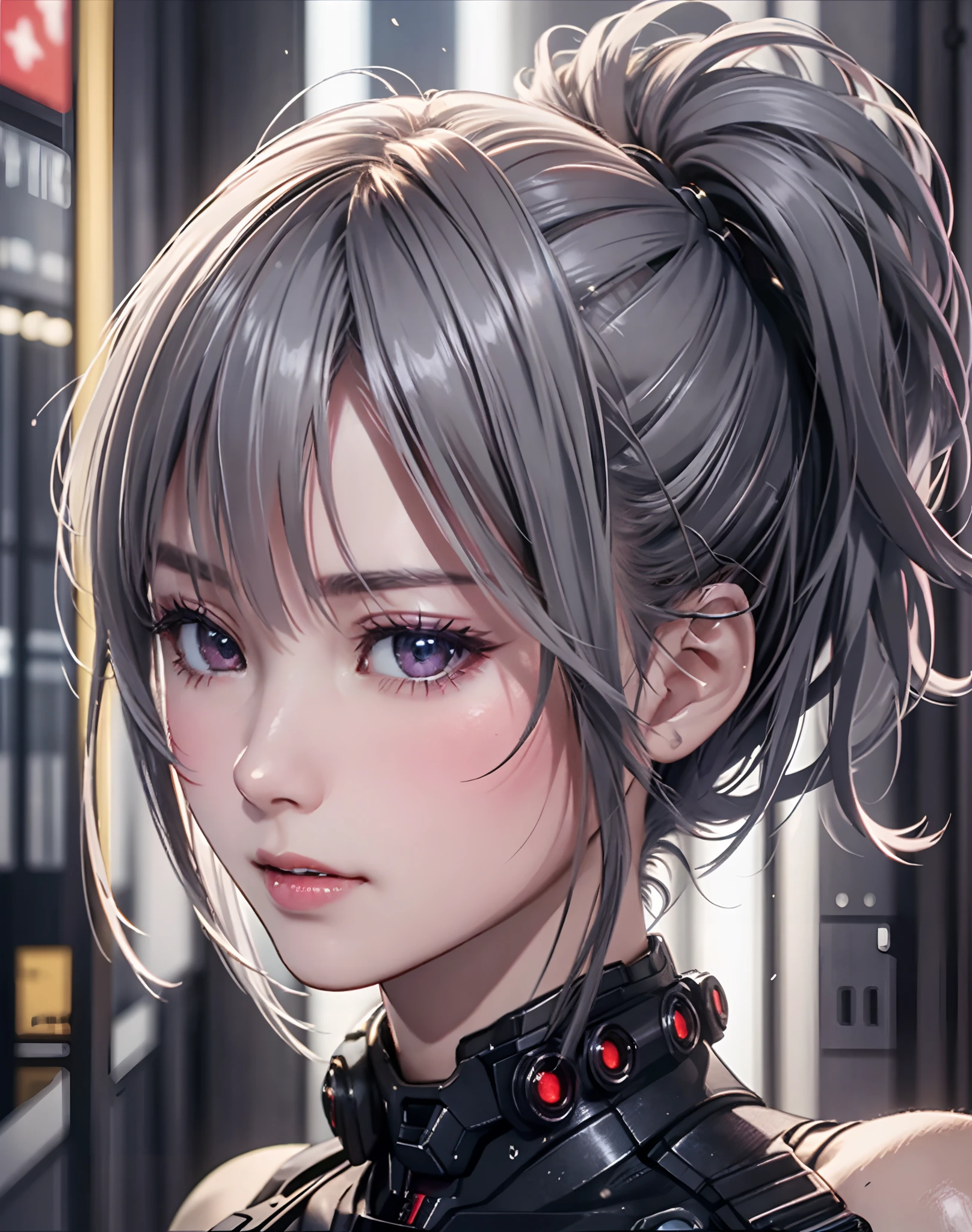 (8K, Photorealistic, Raw photo, of the highest quality: 1.3), (1girl in), Super beautiful, (Realistic face), (boyish, Silver Color Berry Shorthair), Beautiful cyberpunk suit, Glare that captivates the viewer, Beautiful expression, Beautiful breasts, (Realistic skin), Beautiful...