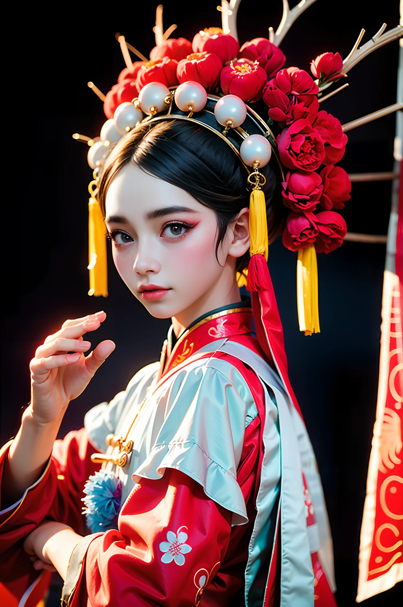 tmasterpiece，Best resolution，HighestQuali，Official fine art，，8k wallpaper，one-girl，beauitful face，Eyes look at the lens，Dressed in traditional Chinese Peking Opera costumes，CNOperaCrown，Gorgeous headdress，a gorgeous，Detailed portrayal，China-style，anatomy correct，Sharp focus