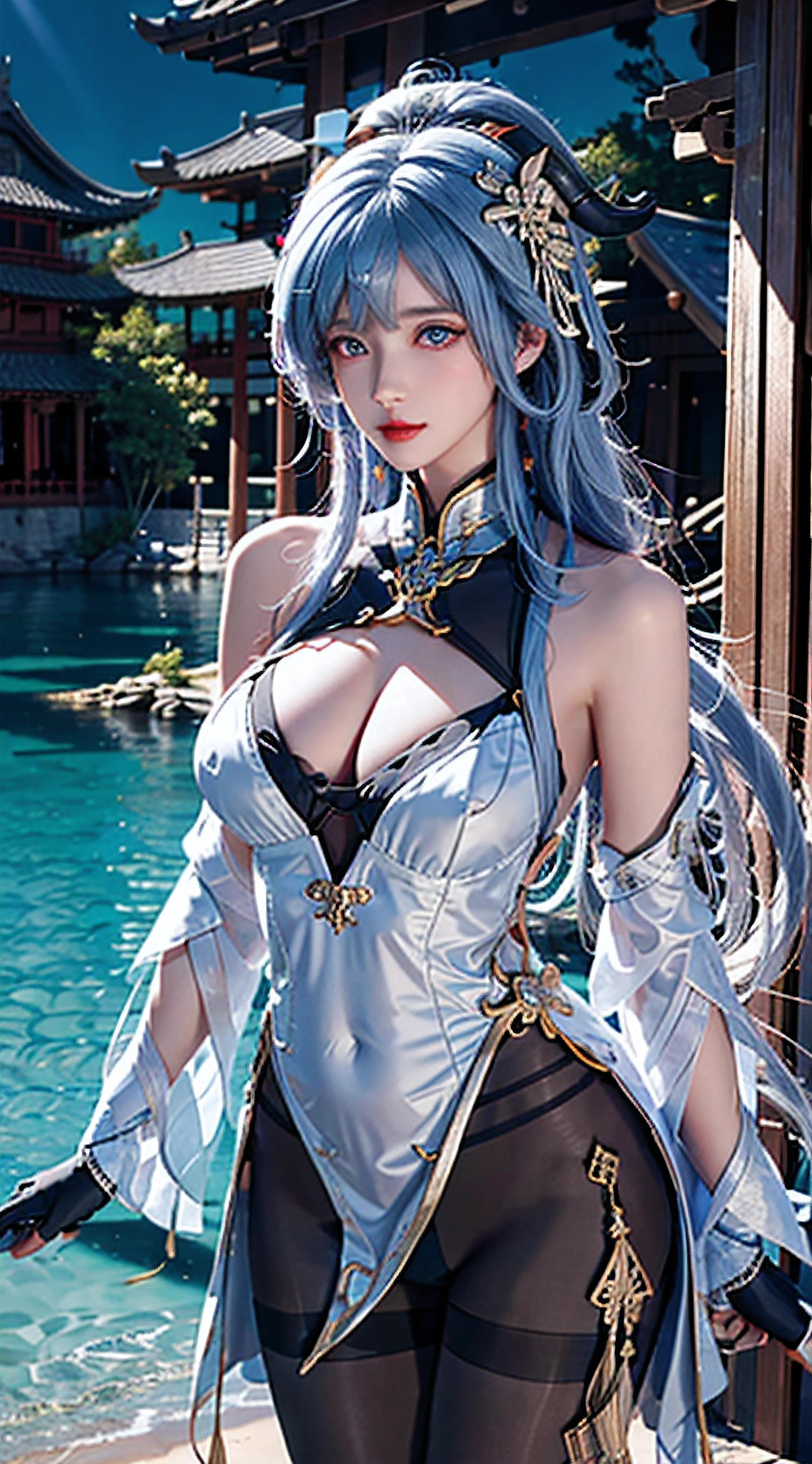 photorealistic, high resolution,masterpiece,best quality,ultra-detailed, 1women, hips up, blue eyes, ahoge, architecture, bangs, bare shoulders, bell, black gloves, black pantyhose, (blue hair), blush, breasts, chinese knot, detached sleeves, east asian architecture, flower knot, gloves, horns, long hair, medium breasts, neck bell, night, outdoors, pantyhose, purple eyes, tassel, white sleeves , intricate,