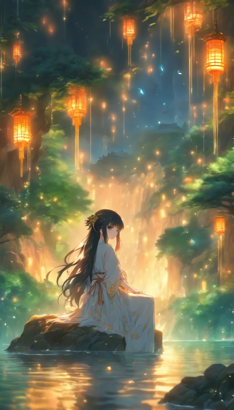 (Masterpiece, Best quality), 1girll(atenea_Asamiya Palace), Cute dress, Long black hair, Sitting, Beautiful outdoor background, Night, forest，highly detailed surreal vfx，China ink painting，water ink，ink，Smudge，China-style，中景 the scene is，super-fine，ultra - detailed，high qulity，8K ，Sharply focus the eyes，中景 the scene is，Full body like，oc rendered
