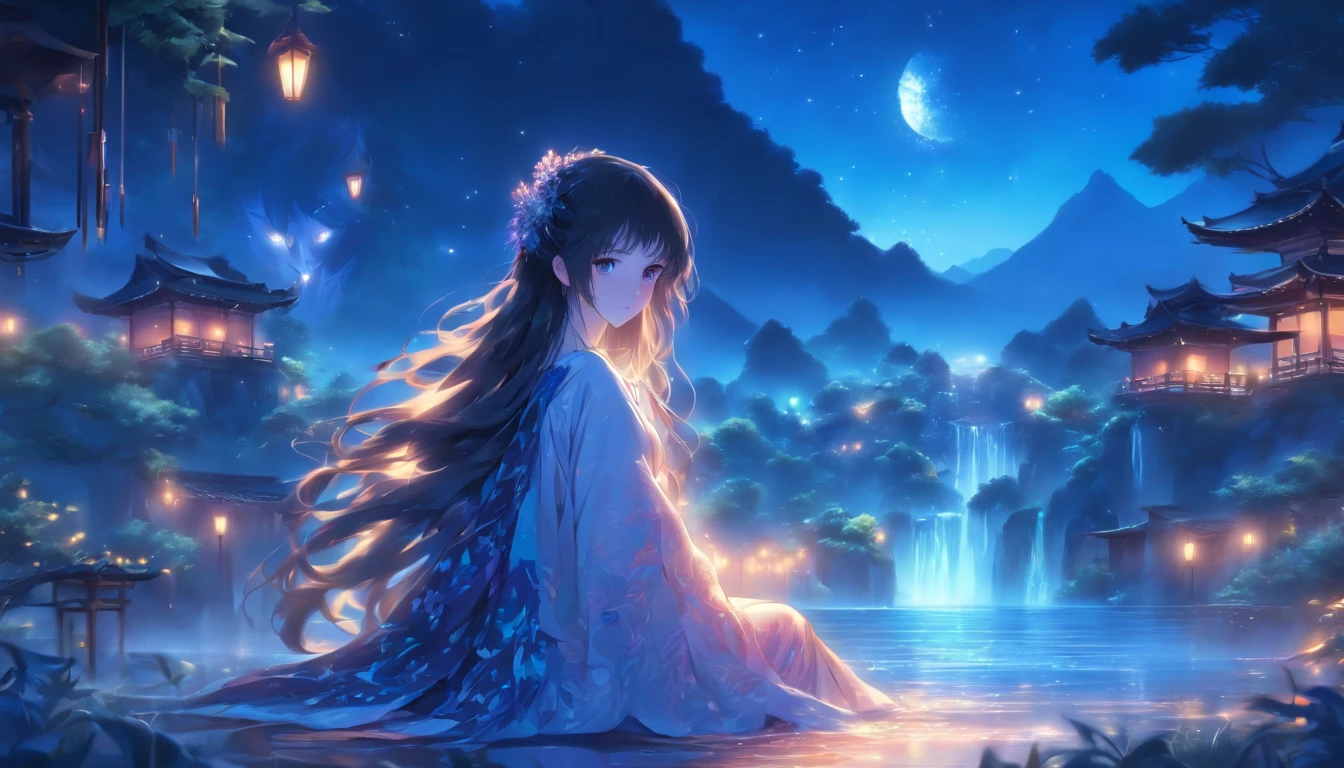 (Masterpiece, Best quality), 1girll(atenea_Asamiya Palace), Cute dress, Long black hair, Sitting, Beautiful outdoor background, Night, forest,highly detailed surreal vfx,China ink painting,water ink,ink,Smudge,China-style,中景 the scene is,super-fine,ultra - detailed,high qulity,8K ,Sharply focus the eyes,中景 the scene is,Full body like,oc rendered