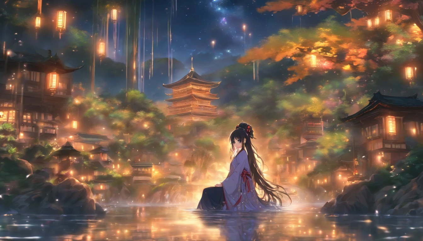 (Masterpiece, Best quality), 1girll(atenea_Asamiya Palace), Cute dress, Long black hair, Sitting, Beautiful outdoor background, Night, forest，highly detailed surreal vfx，China ink painting，water ink，ink，Smudge，China-style，中景 the scene is，super-fine，ultra - detailed，high qulity，8K ，Sharply focus the eyes，中景 the scene is，Full body like，oc rendered