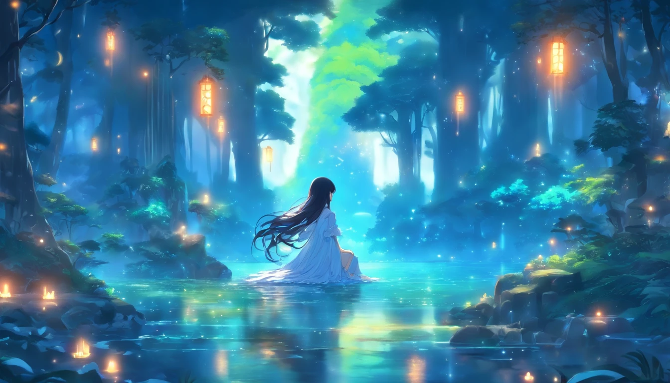 (Masterpiece, Best quality), 1girll(atenea_Asamiya Palace), Cute dress, Long black hair, Sitting, Beautiful outdoor background, Night, forest,highly detailed surreal vfx,China ink painting,water ink,ink,Smudge,China-style,中景 the scene is,super-fine,ultra - detailed,high qulity,8K ,Sharply focus the eyes,中景 the scene is,Full body like,oc rendered