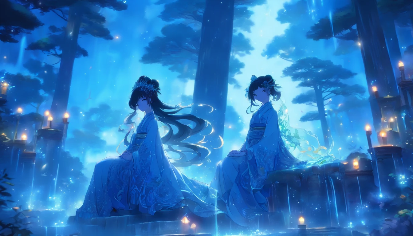 (Masterpiece, Best quality), 1girll(atenea_Asamiya Palace), Cute dress, Long black hair, Sitting, Beautiful outdoor background, Night, forest,highly detailed surreal vfx,China ink painting,water ink,ink,Smudge,China-style,中景 the scene is,super-fine,ultra - detailed,high qulity,8K ,Sharply focus the eyes,中景 the scene is,Full body like,oc rendered