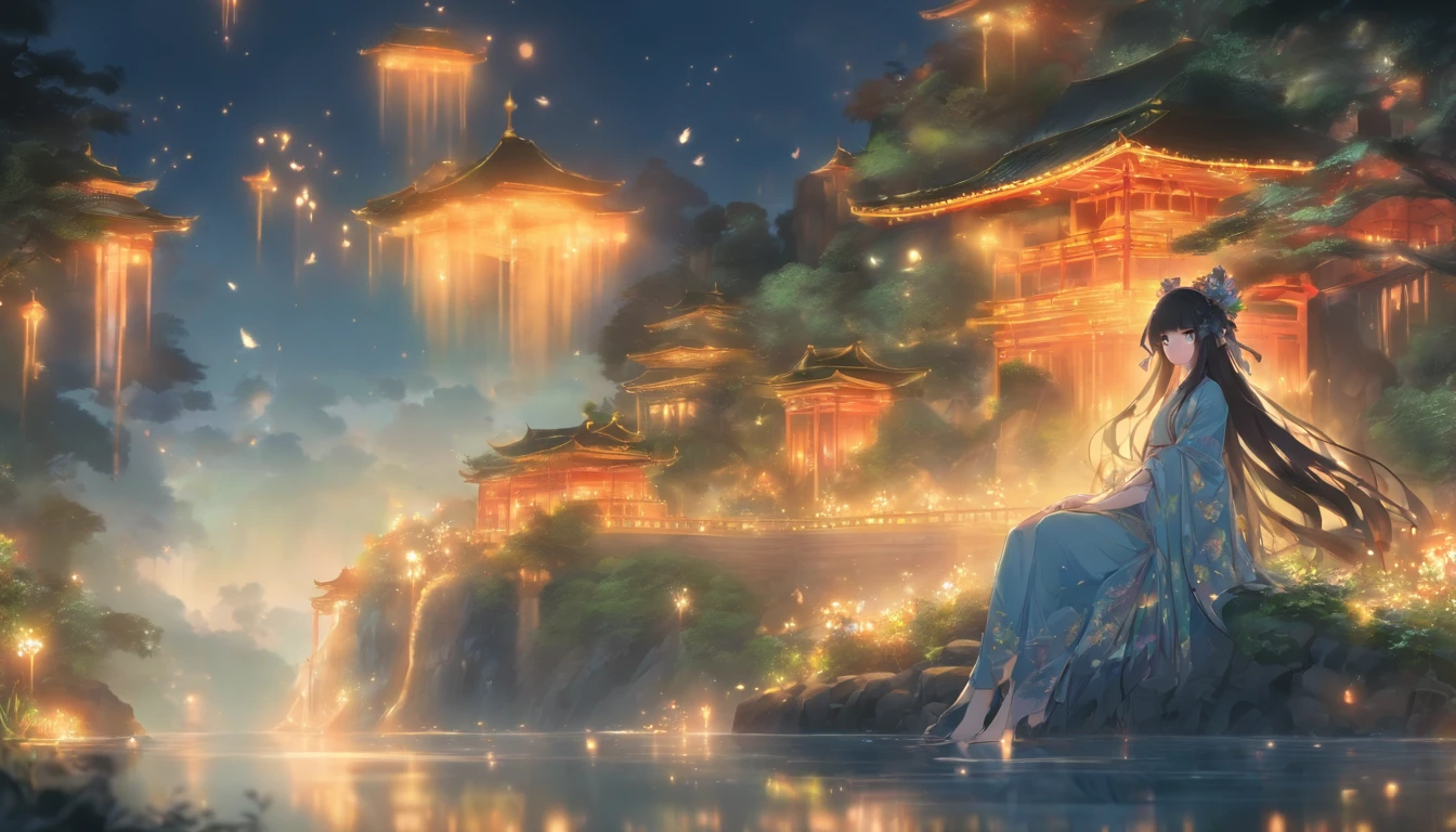 (Masterpiece, Best quality), 1girll(atenea_Asamiya Palace), Cute dress, Long black hair, Sitting, Beautiful outdoor background, Night, forest，highly detailed surreal vfx，China ink painting，water ink，ink，Smudge，China-style，中景 the scene is，super-fine，ultra - detailed，high qulity，8K ，Sharply focus the eyes，中景 the scene is，Full body like，oc rendered