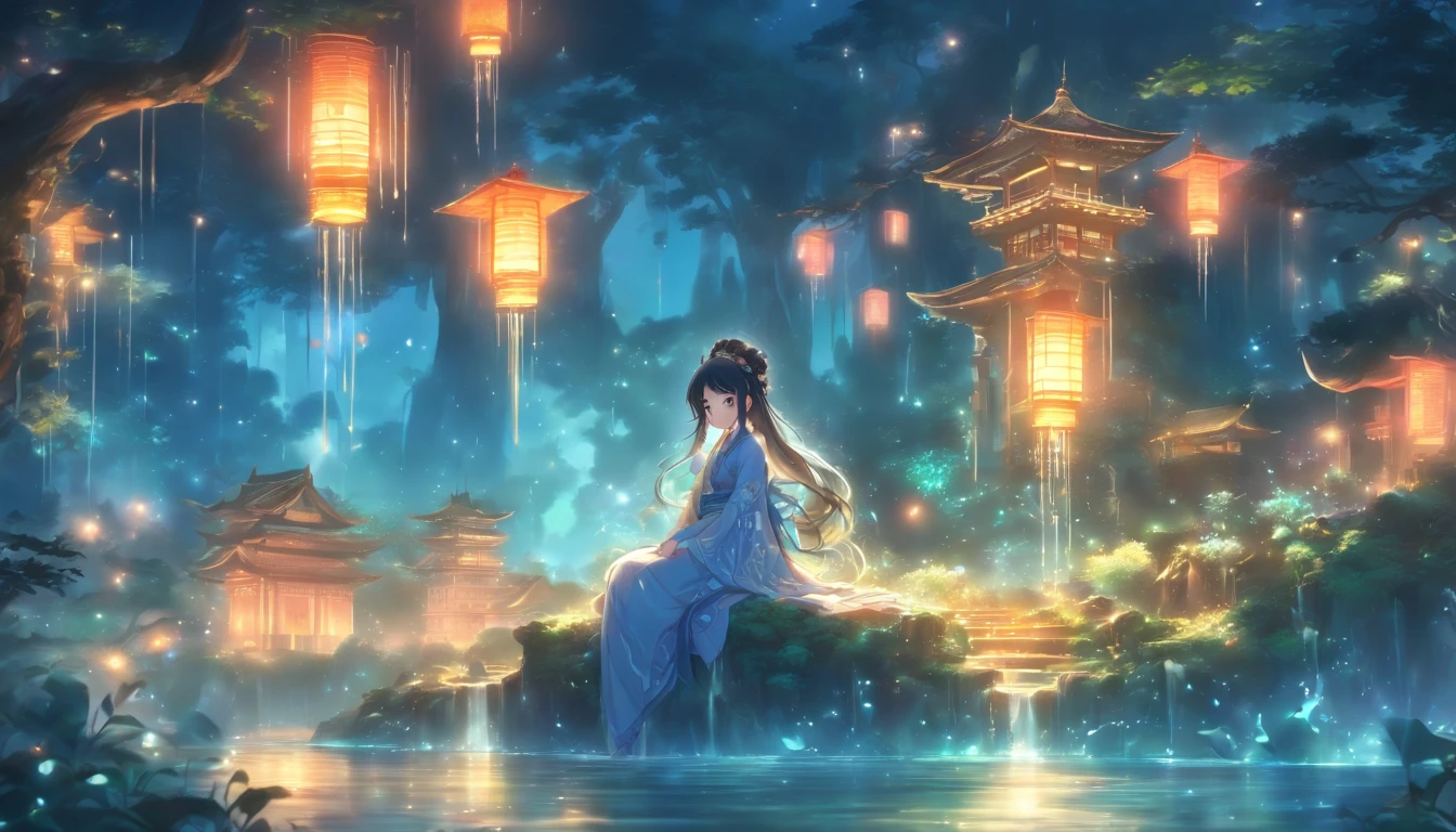 (Masterpiece, Best quality), 1girll(atenea_Asamiya Palace), Cute dress, Long black hair, Sitting, Beautiful outdoor background, Night, forest，highly detailed surreal vfx，China ink painting，water ink，ink，Smudge，China-style，中景 the scene is，super-fine，ultra - detailed，high qulity，8K ，Sharply focus the eyes，中景 the scene is，Full body like，oc rendered