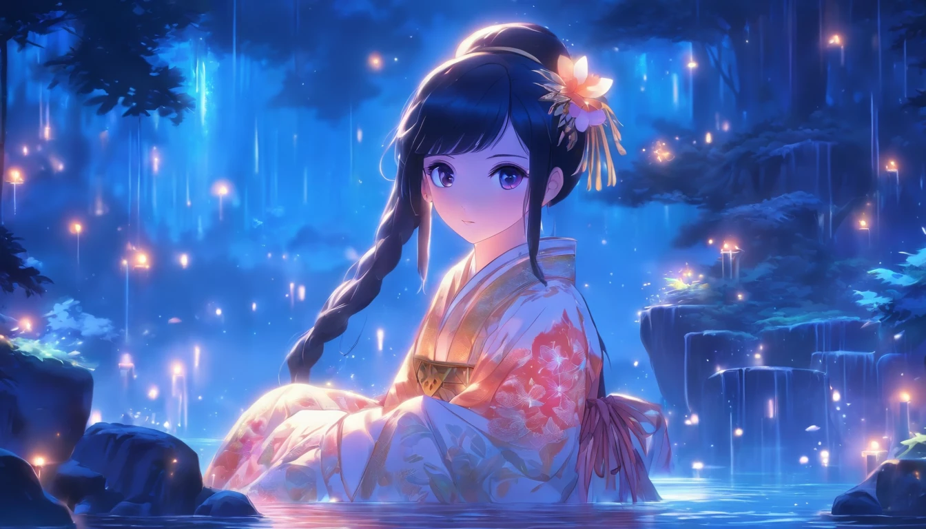 (Masterpiece, Best quality), 1girll(atenea_Asamiya Palace), Cute dress, Long black hair, Sitting, Beautiful outdoor background, Night, forest，highly detailed surreal vfx，China ink painting，water ink，ink，Smudge，China-style，中景 the scene is，super-fine，ultra - detailed，high qulity，8K ，Sharply focus the eyes，中景 the scene is，Full body like，oc rendered