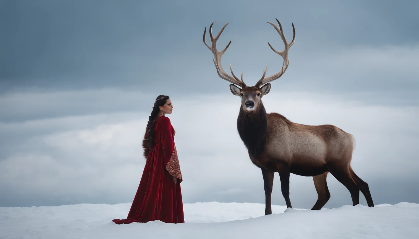 A Photograph capturing the ethereal beauty of an Ijiraq, with its majestic figure poised against a snowy landscape. The realistic portrayal exhibits the intertwining of human and reindeer aspects, emphasizing the intricate details of the human head and arms merging seamlessly with the majestic legs and tail. Vibrant red eyes mesmerize, capturing the viewer's gaze, while the subdued color palette of whites and blues create a sense of tranquility. The composition showcases the Ijiraq's grace and strength, evoking a sense of wonder and enchantment. --ar 16:9 --v 4