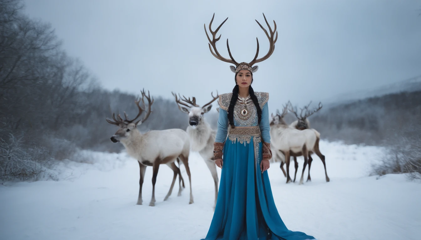 A Photograph capturing the ethereal beauty of an Ijiraq, with its majestic figure poised against a snowy landscape. The realistic portrayal exhibits the intertwining of human and reindeer aspects, emphasizing the intricate details of the human head and arms merging seamlessly with the majestic legs and tail. Vibrant red eyes mesmerize, capturing the viewer's gaze, while the subdued color palette of whites and blues create a sense of tranquility. The composition showcases the Ijiraq's grace and strength, evoking a sense of wonder and enchantment. --ar 16:9 --v 4