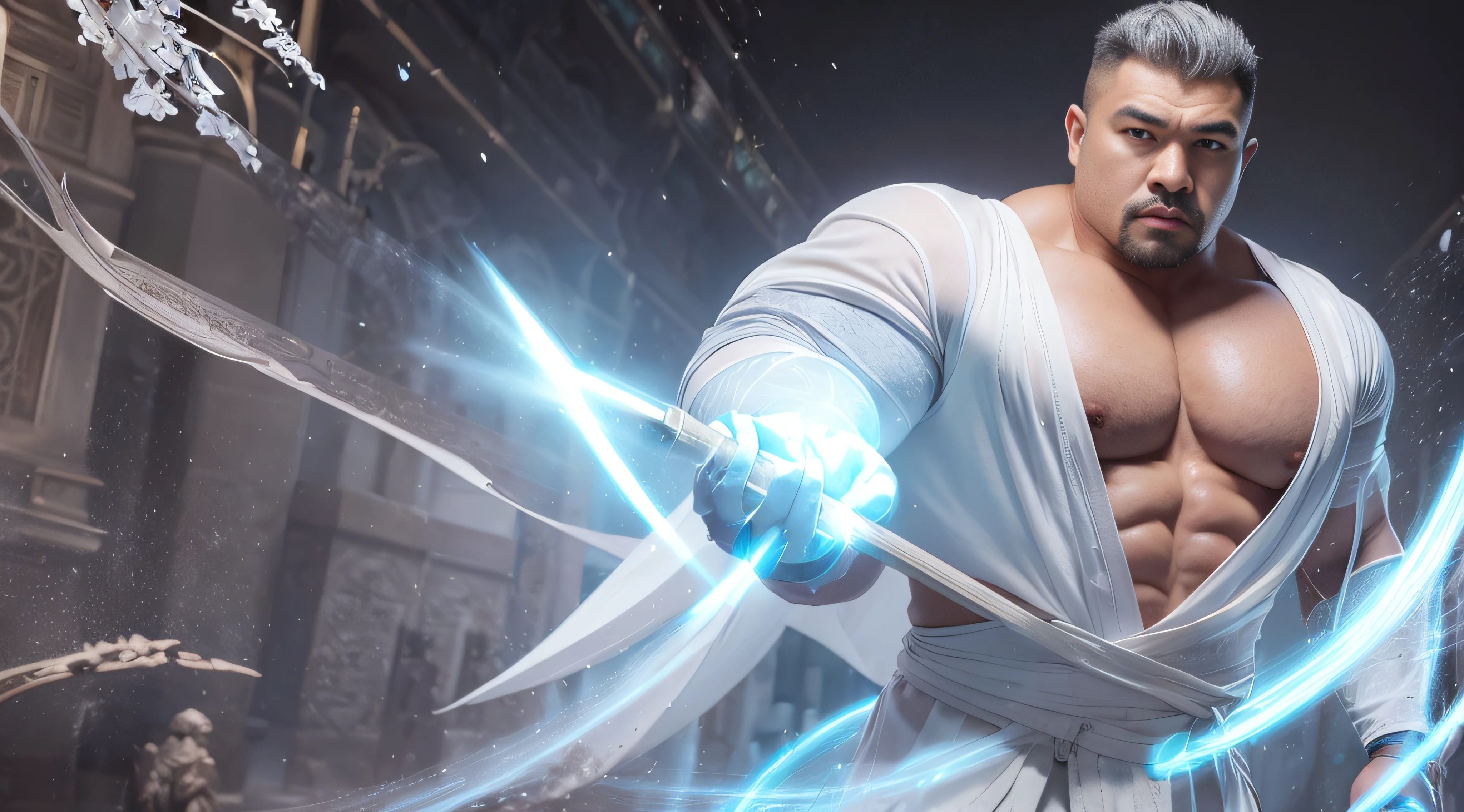 Elegant Chinese strong man, Strong physique, White robe, White Arabic pants, Light blue noble shirt, White boots, Messy light blue hair, A satisfied expression, Short hair, dark strong blue eye, Noble appearance, Armed with a silver spear, Ancient castle, medieval environment.short detailed hair,Short beard perfect figure with tattoos, Very huge and strong body, Bulging muscles, musculous, Very large pectoral muscles,Very sexy abs,The legs are muscular,Tall and mighty,Exposed Body,Tall and burly,toned figure,Huge genital bulging area,Brightens oily skin,Muscular。