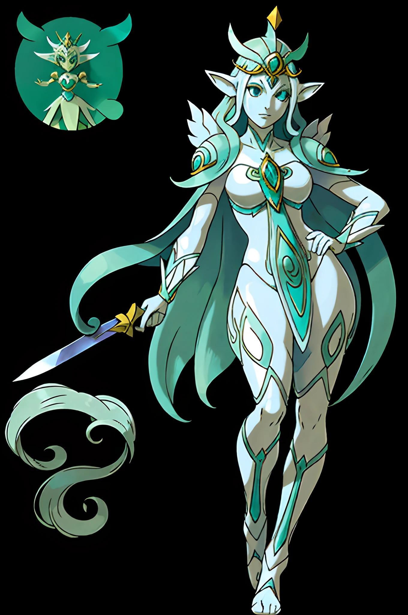 arafed image of a female character with a sword and a cape, skinny female fantasy alchemist, fey, complex fantasy character, cory chase as an atlantean, silvery skinned male elf, sexy pudica pose gesture, lady palutena, sfw version, pixiv contest winner, fantasy character, blue-skinned elf, fus rei, palutena