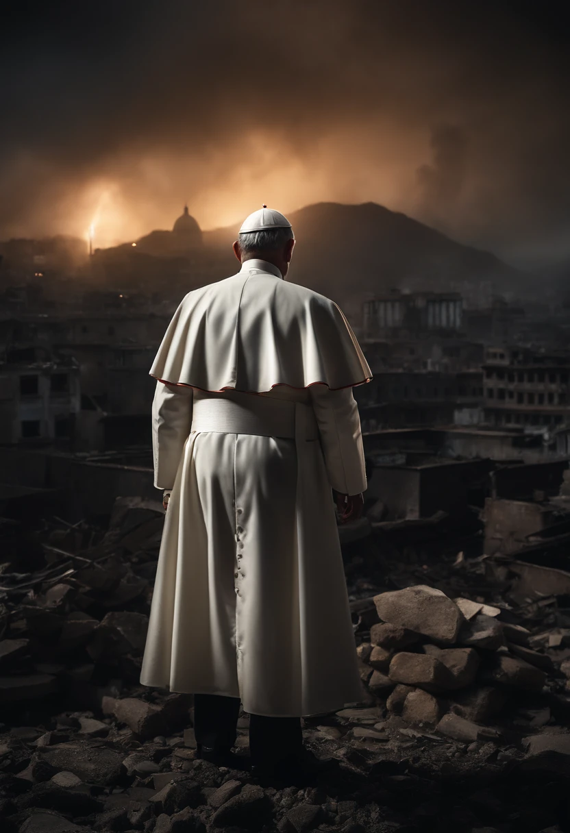 Papa francisco,front head,usando um U.s. army suite with an HK 47, e granada, destroyed buildings devastated city, Drone Atack, lighting strikes in The sky, night,aurora boreal
