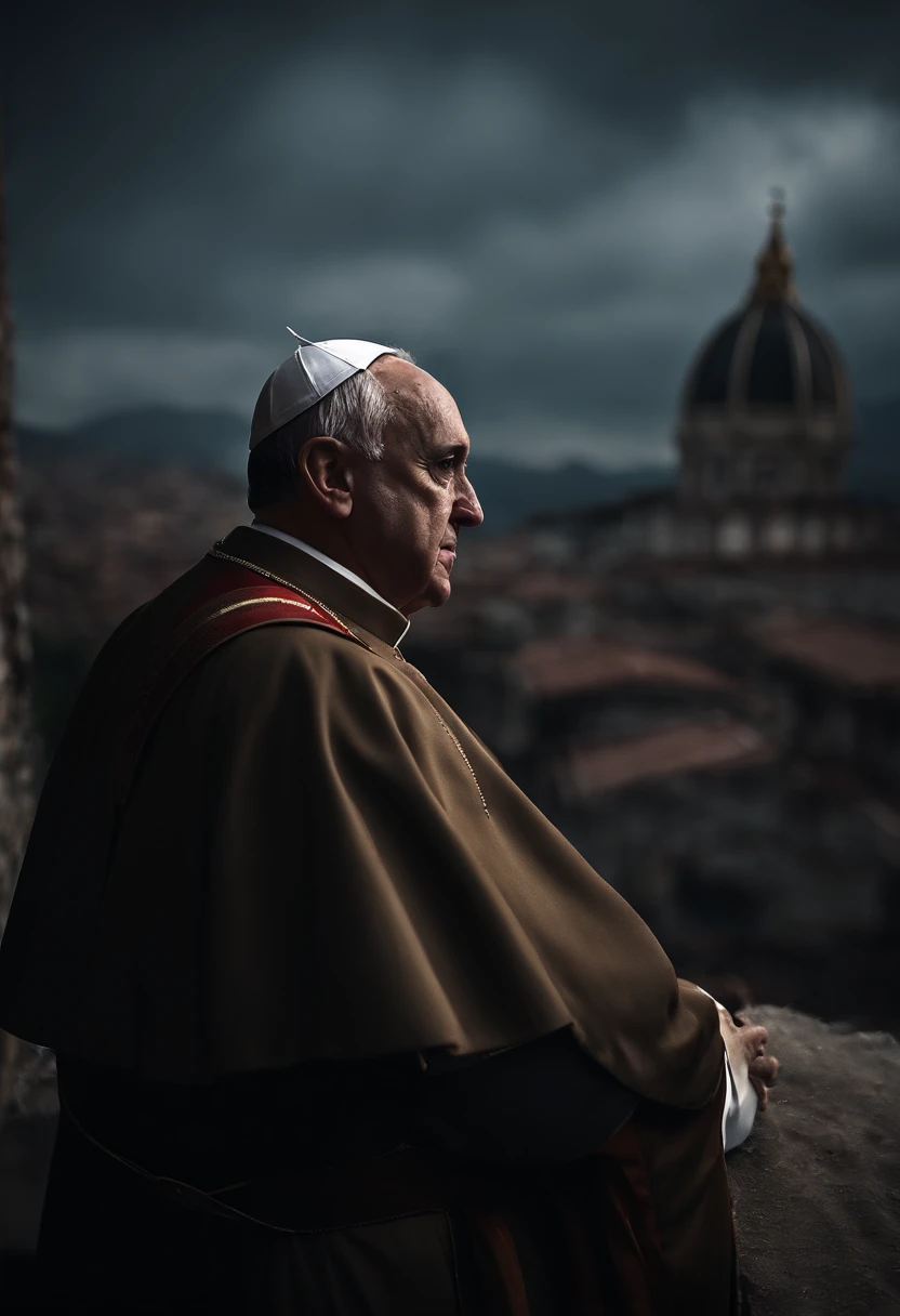 Papa francisco,front head,usando um U.s. army suite with an HK 47, e granada, destroyed buildings devastated city, Drone Atack, lighting strikes in The sky,night