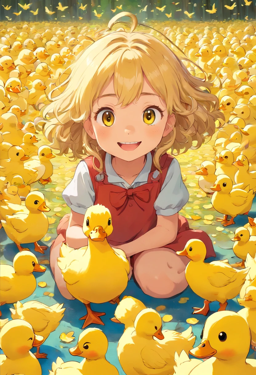 Little girl with curly blonde hair, grin,Surrounded by many small yellow ducks
