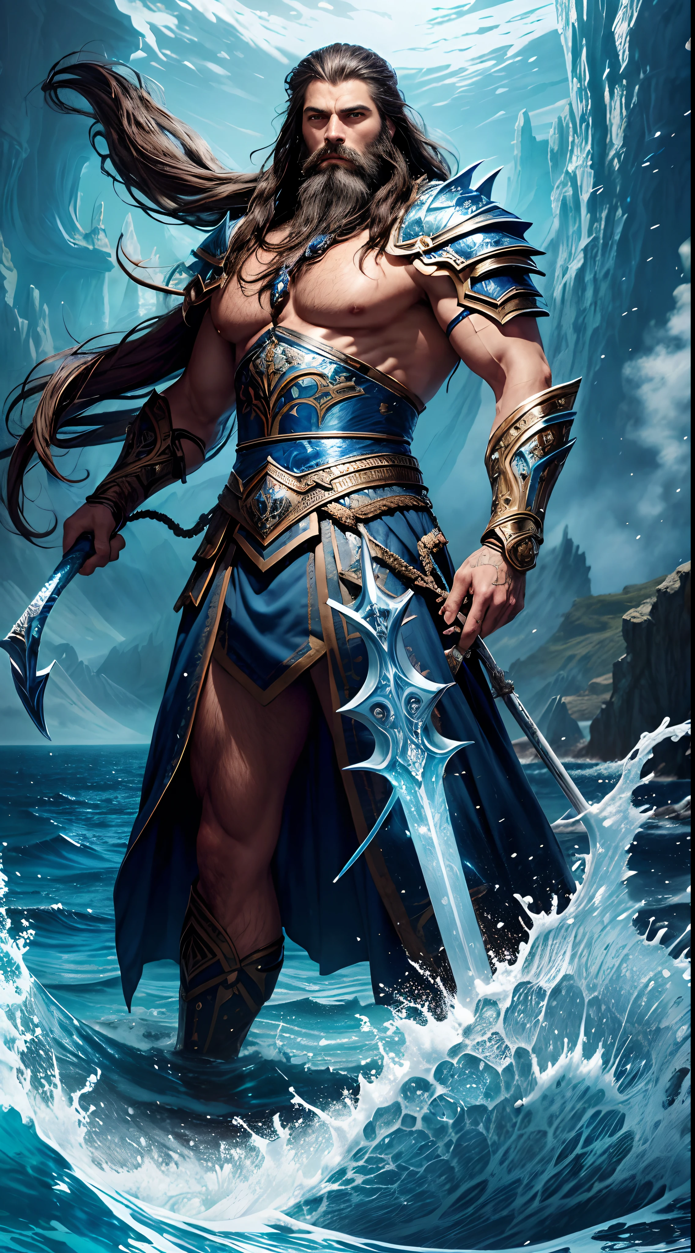 An artistic representation of a formidable warrior with flowing, waist-length hair and a majestic beard, adorned in a suit of intricately designed azure-blue armor that emanates an aura of strength and nobility. The warrior's long hair and beard are a testament to his resilience and valor, as they sway in the ocean breeze. In his grasp, he wields his legendary blue sword, a weapon of fabled prowess. The armor is a masterpiece of craftsmanship, adorned with intricate patterns and motifs that echo the majesty of the sea. The warrior stands waist-deep in the crystal-clear waters of the ocean, with waves gently lapping around him. The art style draws inspiration from the works of John Howe, blending elements of heroic fantasy and realism. The camera angle is a dynamic low angle, capturing the warrior's grandeur in the midst of the vast ocean. The render style is a fusion of fantasy and hyper-realism, evoking a sense of epic adventure and serenity, (((masterpiece))), (high res),