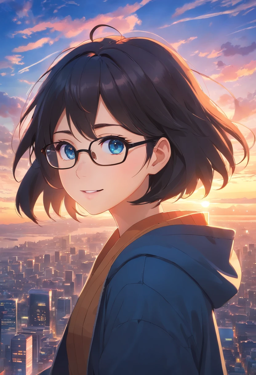masterpiece, best quality, movie still, 1girl, city, girl, Tokyo, floating in the sky, close-up, bright, happy, warm soft lighting, sunset, (sparks:0.7), black hair, long jacket, black jacket, Glasses, blue eyes, smile, 4k.