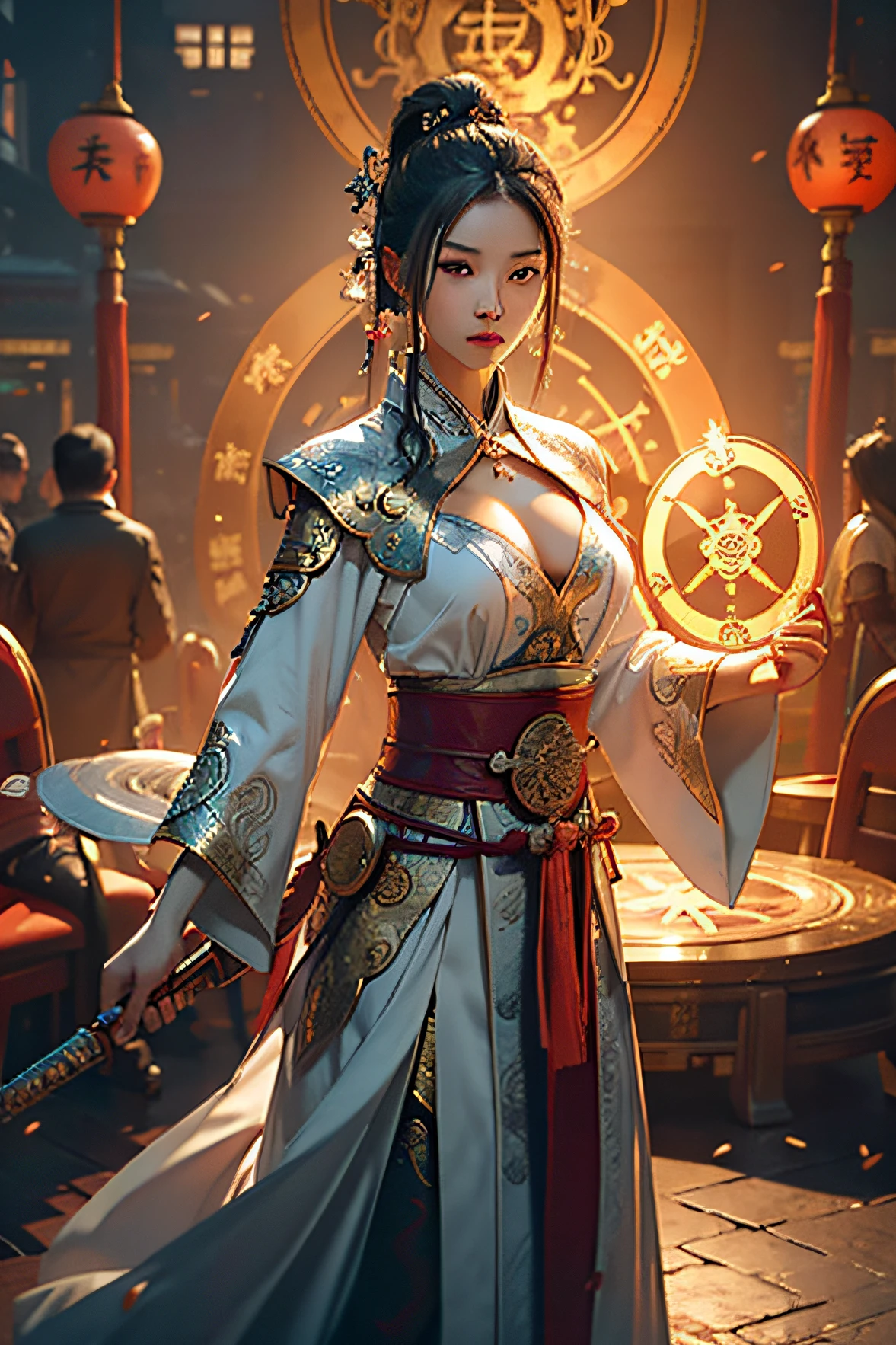 Best quality,masterpiece,ultra high res,(photorealistic:1.4),xiuxian,weapon,Detailed face,
1girl,solo,weapon,cleavage,(magic circle:1.2),xiuxian,upper body,Beautiful girl,full body,east asian architecture,sheath,architecture,