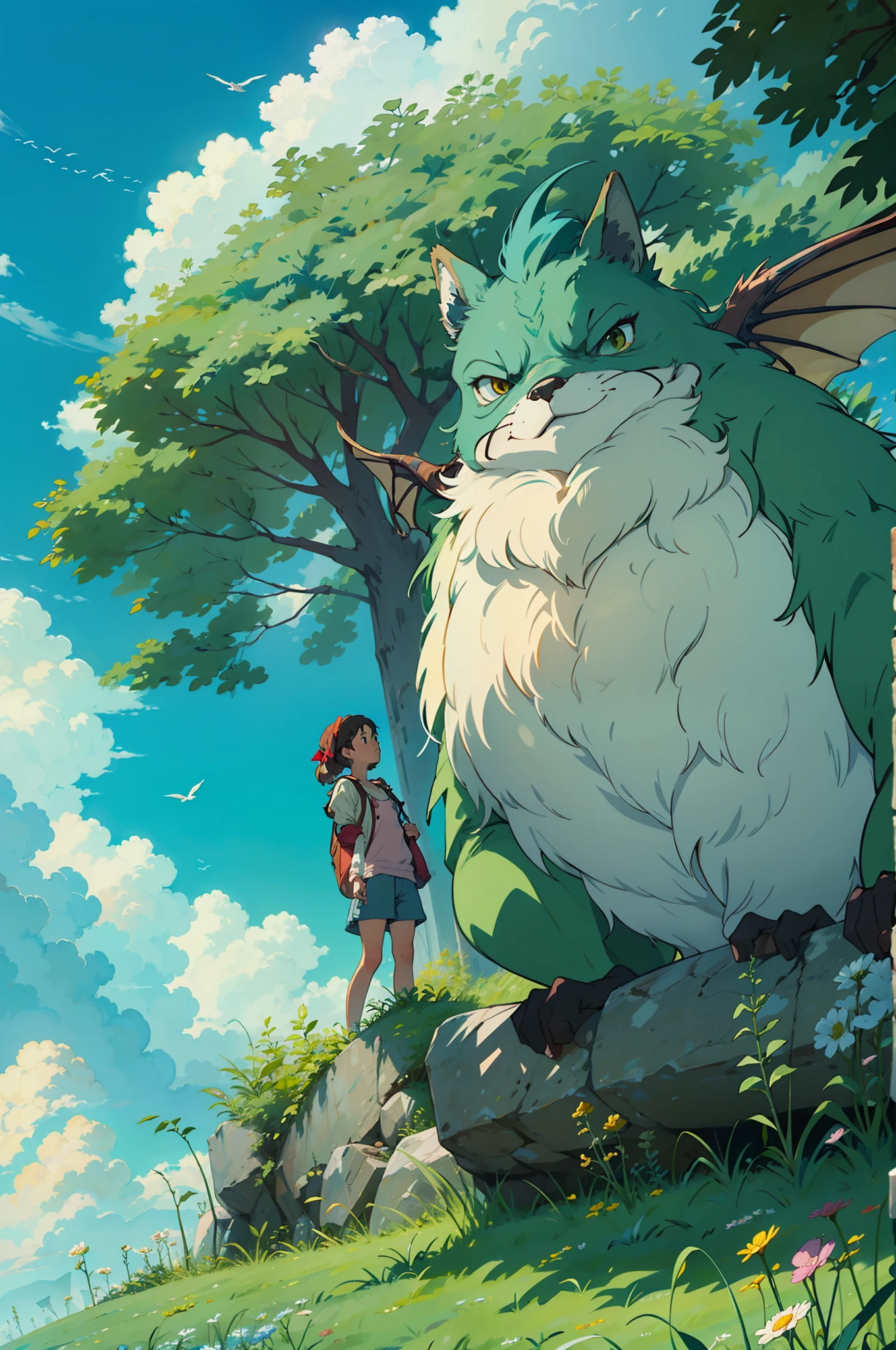 hombre y mujer abrazando a una criatura peluda ghibli, observando el cielo en un prado verde, Real anime costume design, Viaje de Chihiro, Totoro. detallado, colorido, cielo azul con dragon blanco volando.