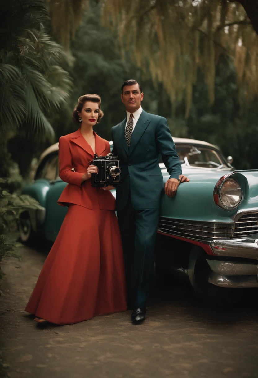 man holding camera and woman wearing, in the style of george stefanescu, exotic atmosphere, photo taken with provia, realistic photo, strong diagonals next to classic car, rich, old money, well dressed, 1950s
