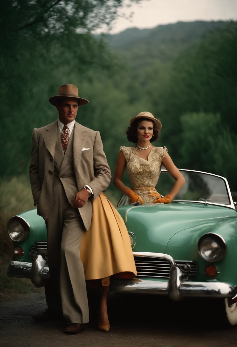 man holding camera and woman wearing, in the style of george stefanescu, exotic atmosphere, photo taken with provia, realistic photo, strong diagonals next to classic car, rich, old money, well dressed, 1950s