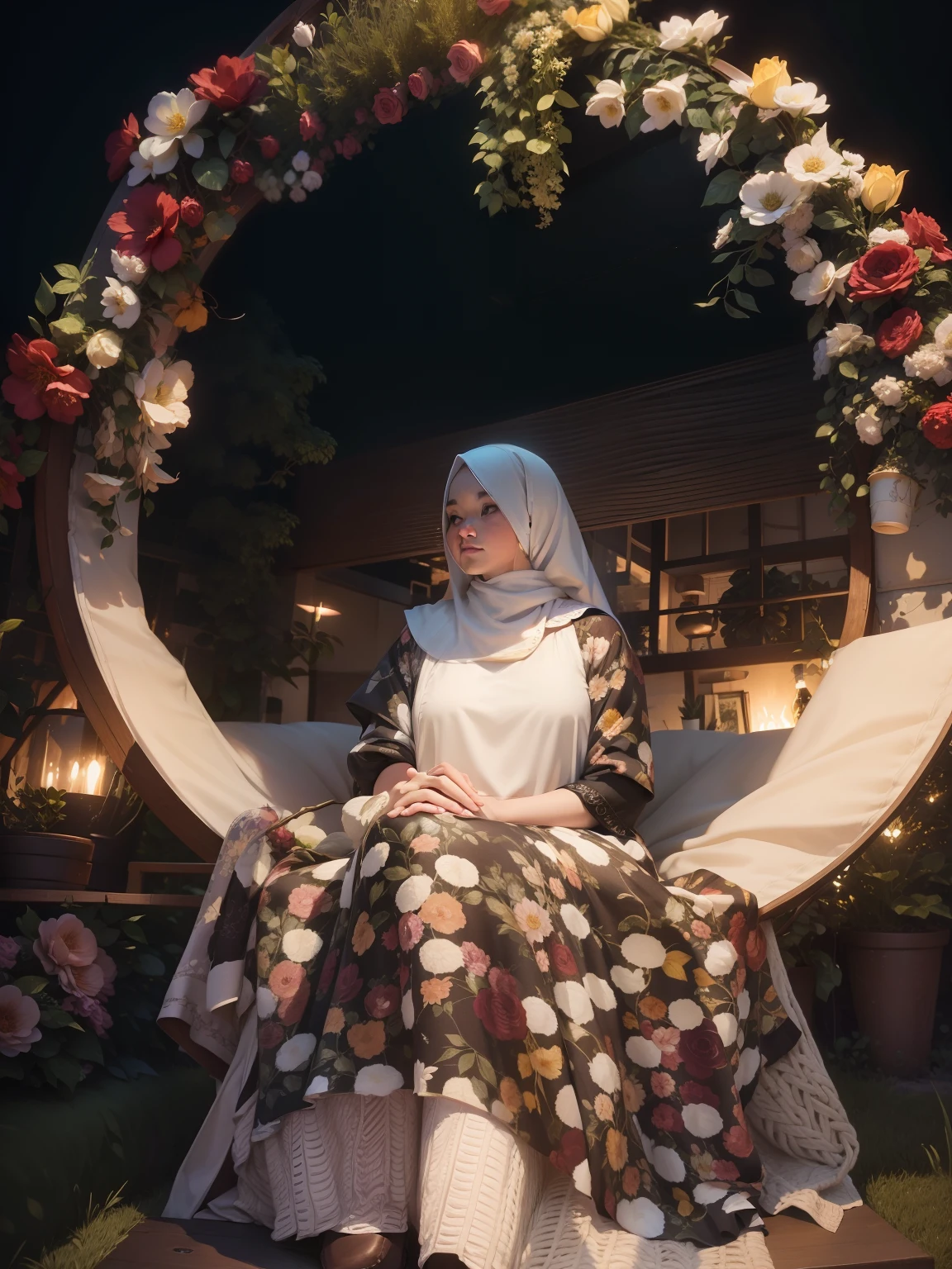 woman sitting on a chair with a flowered wreath around her, shot on nikon z9, taken with sigma 2 0 mm f 1. 4, during night, in garden, shot with sigma f/ 4.2, shot with sigma f / 4. 2, inspired by Nazmi Ziya Guran, portrait mode photo, in night