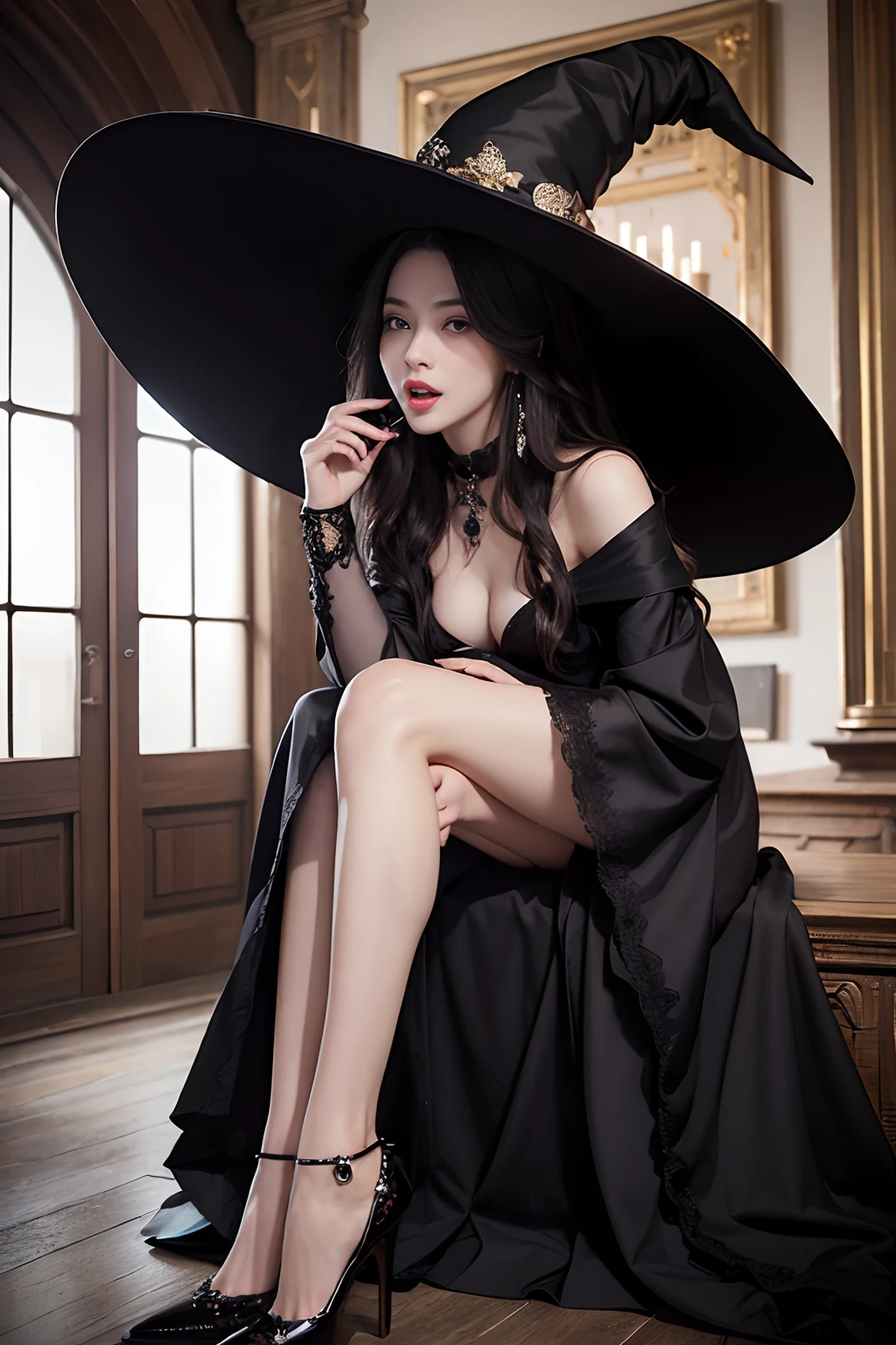 ((top-quality、​masterpiece、photographrealistic:1.4、in 8K))、Beautuful Women１a person、２1 year old、beautiful hairl、delicate and beautiful face、Eyes and faces with detailed 、Witch Cosplay、(stylish pose:1.2)、A smile、Beautiful lighting、Textured skin、Super Detail、high detailing、High quality、hight resolution、（looking at the viewers）、Detailed mouth、witch's hat、high-heels、Black Dress、full body Esbian、the witch、Mystical Castle Room、Detailed mouth、Opening Mouth、Opening Mouth